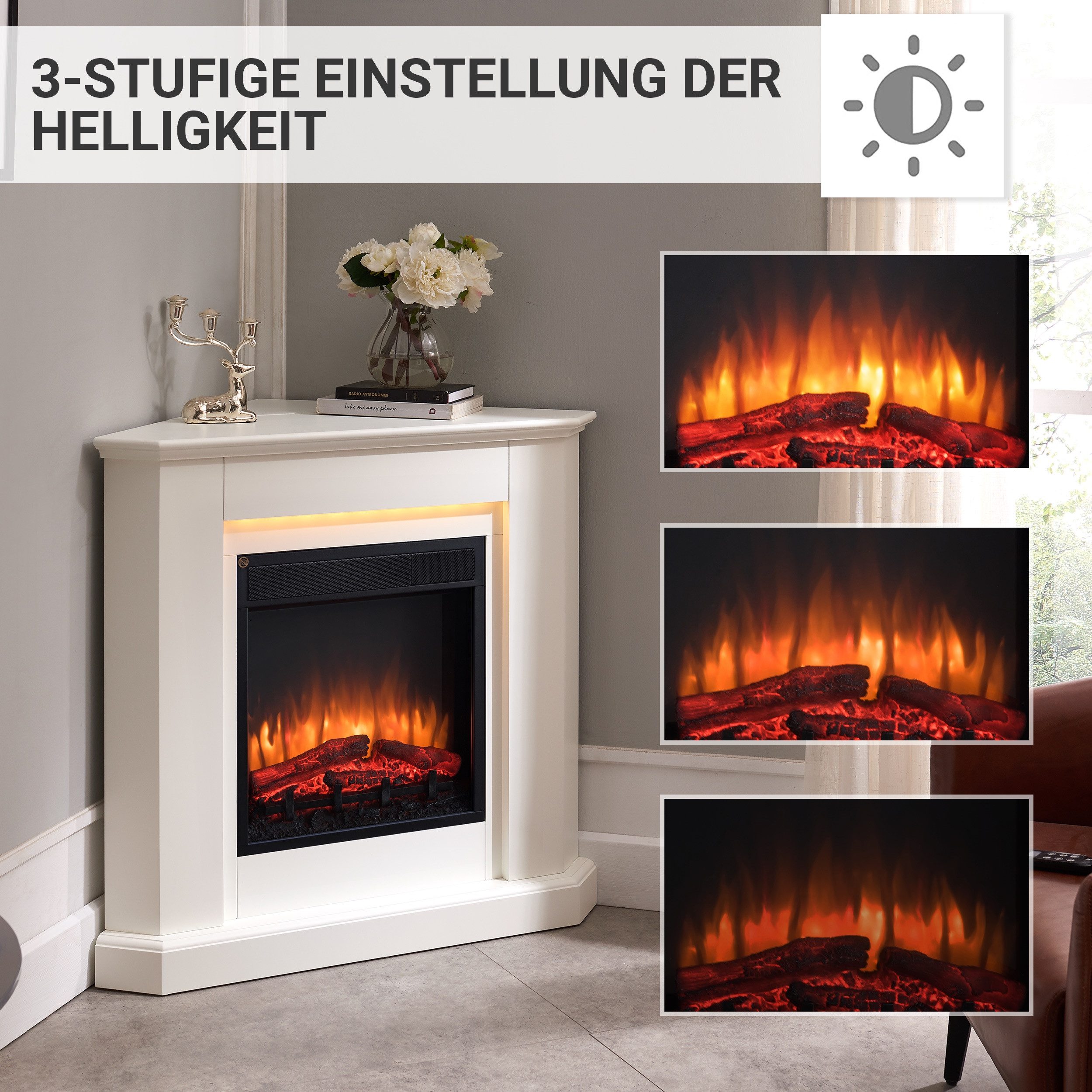 Balderia Elektrokamin Elektrokamin Standkamin BALDERIA Candela – Heizung bis 2000 W, weiss, Eckkamin mit 3D Flamme, 2000 W, 13 LED-Farben