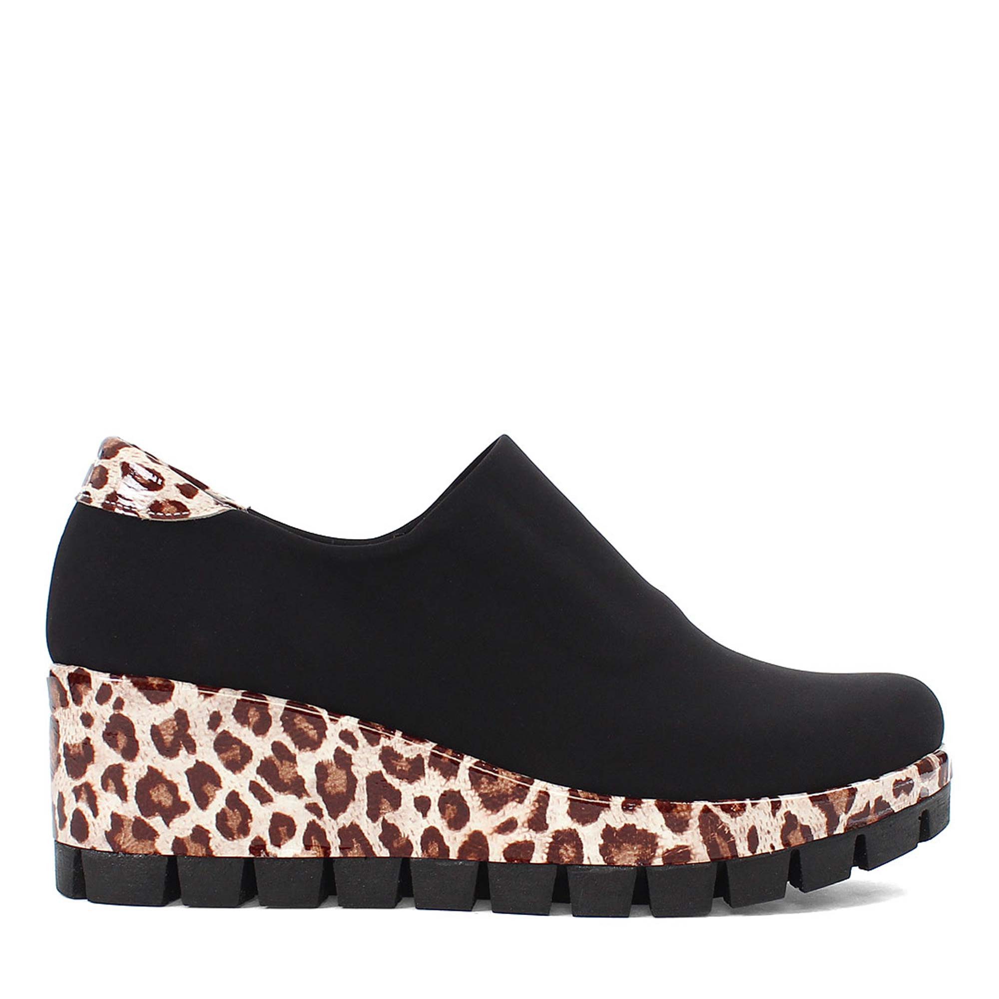 Celal Gültekin Plateau Keilabsatz Stretch Schlupfsneaker Damen Keilsneaker Stretch, Beige-Leo Plateau, Echtleder-Futter, Schwarz/Beige/Leo, 40