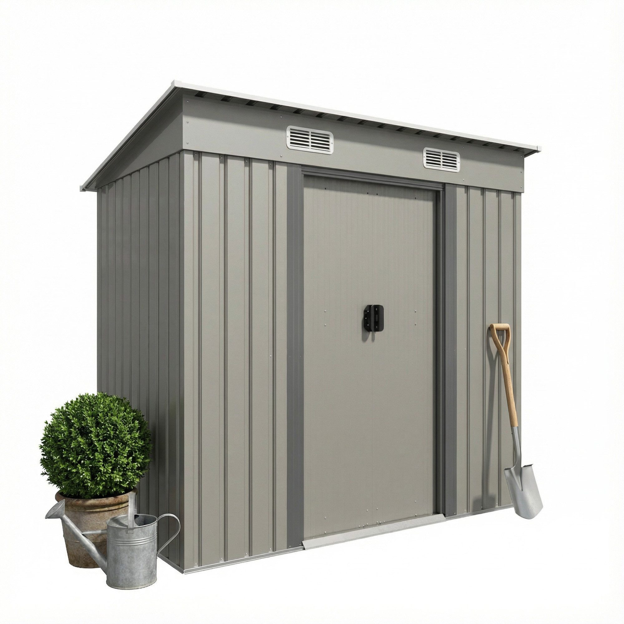 GUNJI Gerätehaus Metall Geräteschuppen Inkl. Stahlfundament, Gartenhaus mit Pultdach, M: 1,8m x 1,1m, L: 2.3m x 2m, XL: 2.4m x 3m, Doppelschiebetür