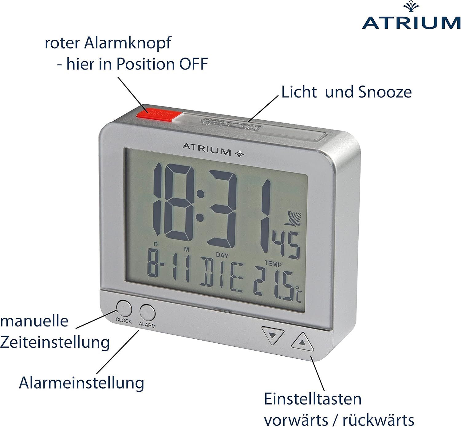 Atrium Funkwecker A760 Snooze Licht Datum Temperaturanzeige Digitalwecker Schlafzimmer – Bild 2 von 5