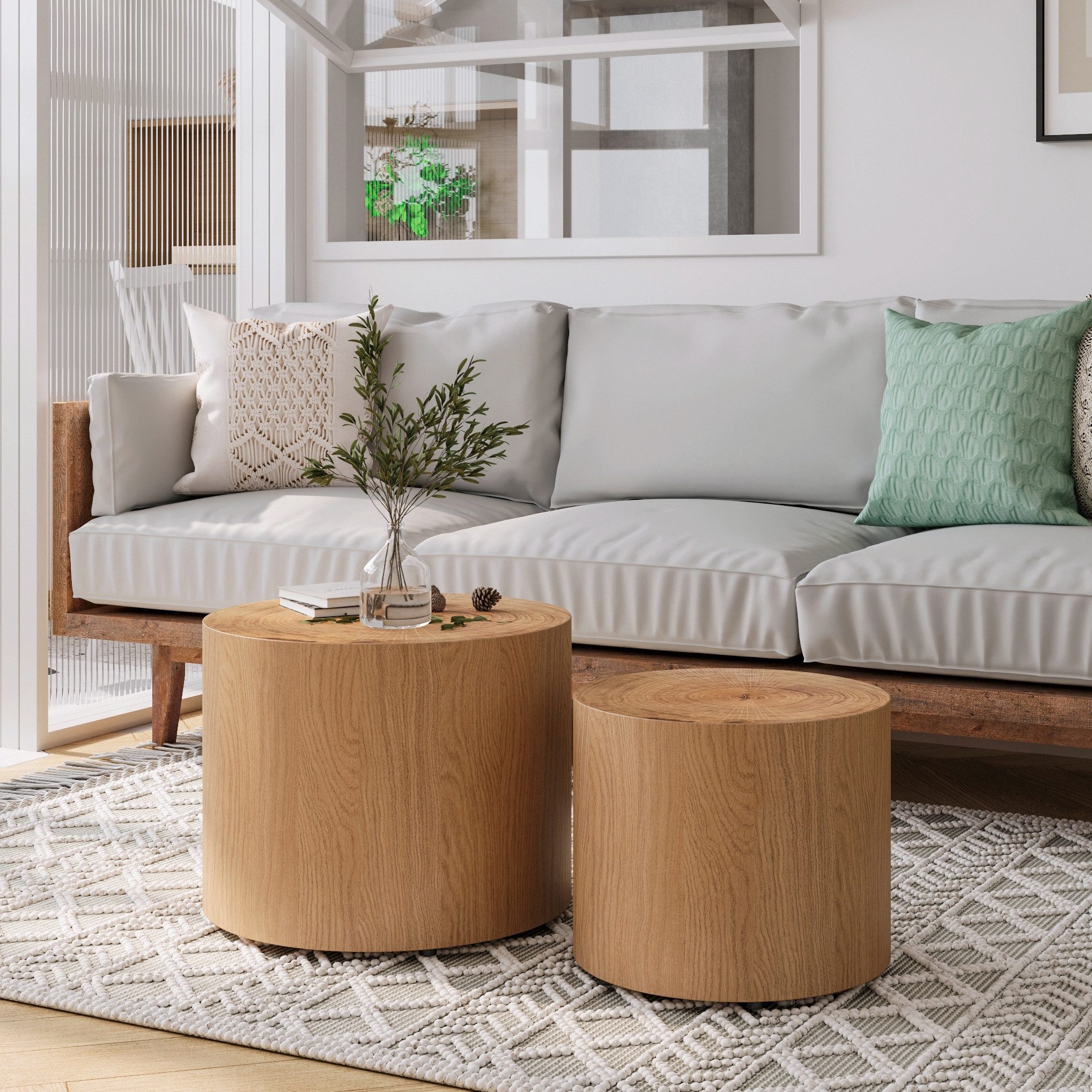 BlingBin Couchtisch 2er-Set runde Beistelltische, Nested Coffee Table,Holzoptik,Sofatisch (2er Set, 2-St., Ø48 cm / Ø38 cm), Nisttische für Wohnzimmer Schlafzimmer Balkon,Farmhouse