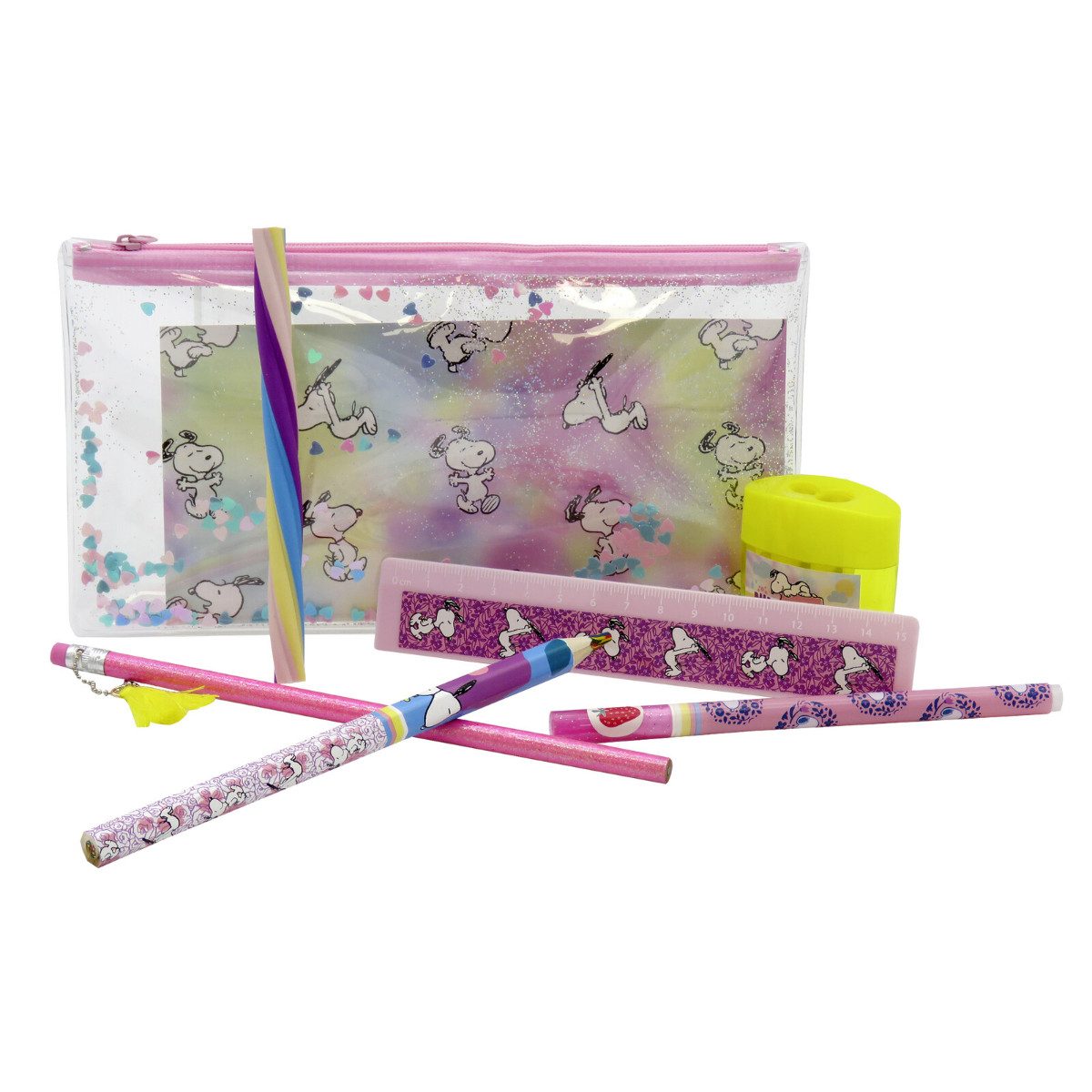 Snoopy Federmäppchen Schreibwaren Set mit Federmäppchen Lineal Radiergummi und Stift, (Set)
