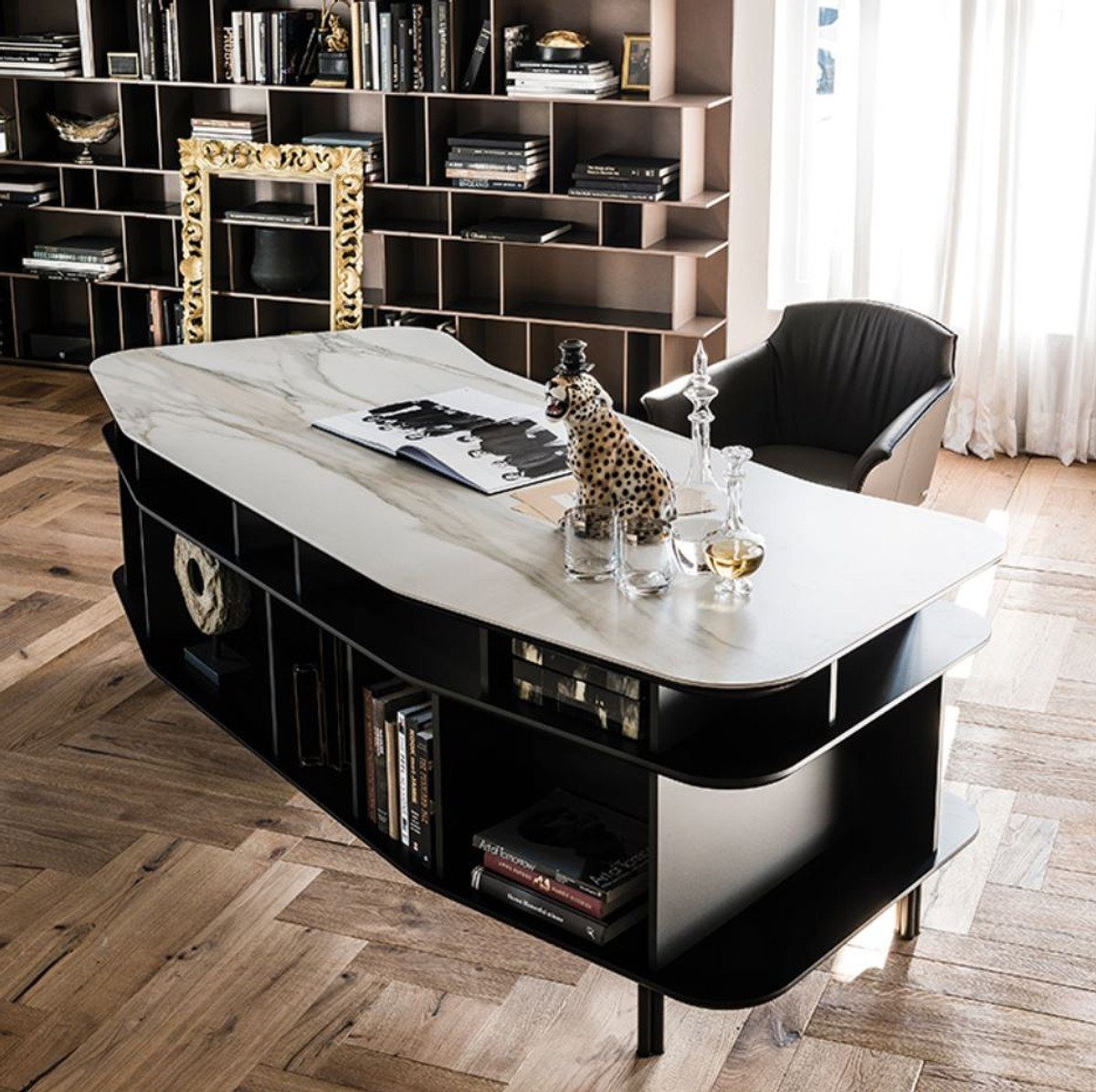 Casa Padrino Schreibtisch Luxus Schreibtisch mit Keramikplatte Schwarz / Weiß-Gold 235 x 99 x H. 75 cm - Bürotisch - Computertisch - Luxus Büro Möbel