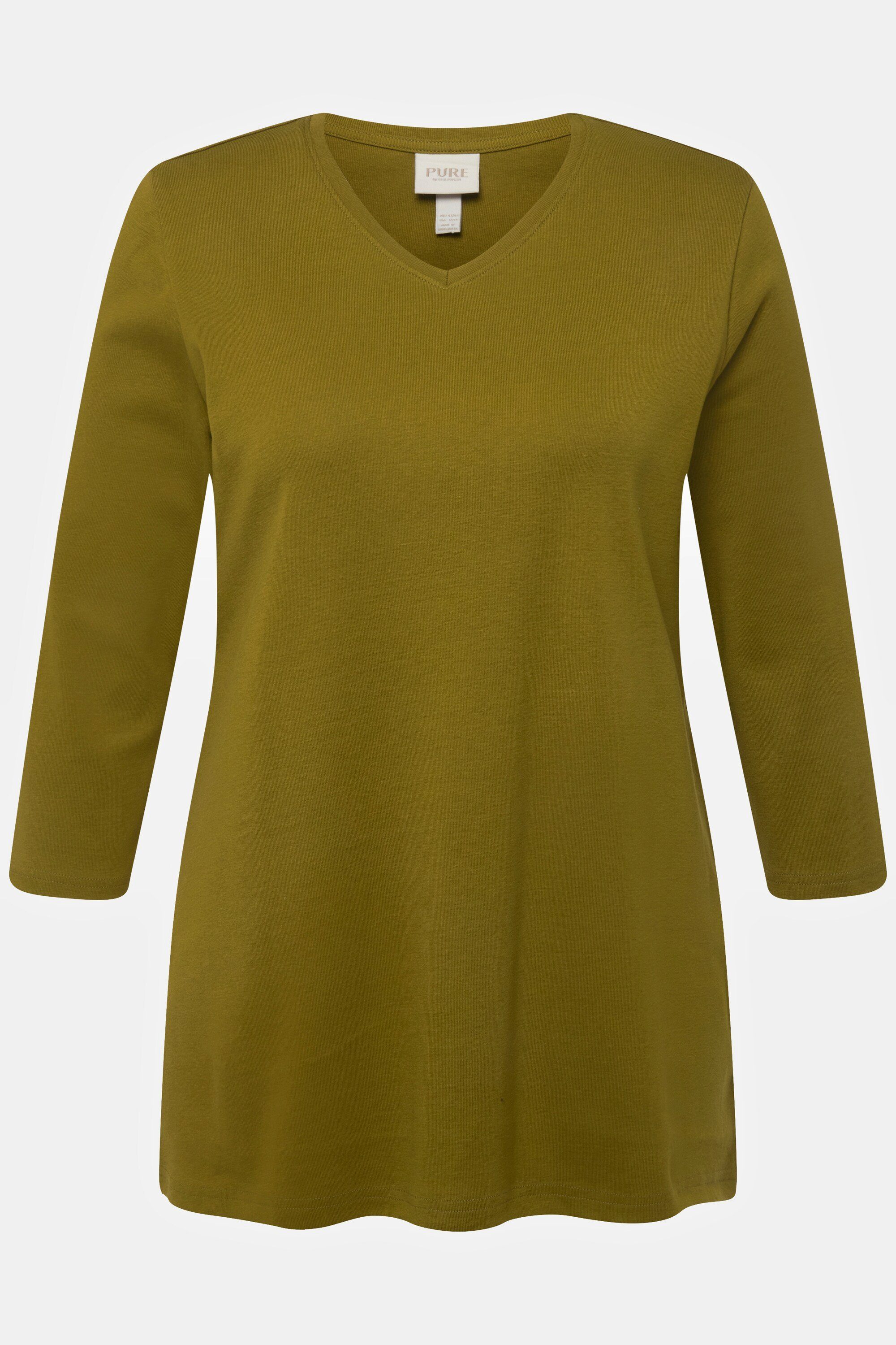 Ulla Popken Rundhalsshirt Shirt Biobaumwolle gelbgrün V-Ausschnitt Rippjersey 3/4-Arm
