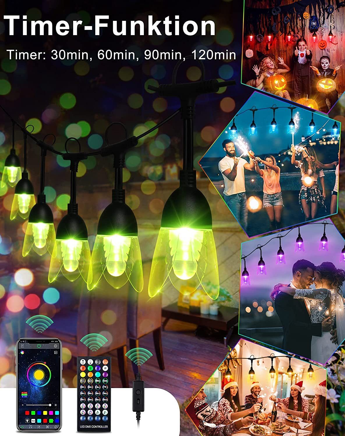 Diyarts LED-Lichterkette M8C, 14-flammig, Blütenblattform Bunte Lichterkette mit Bluetooth APP & Fernbedienung