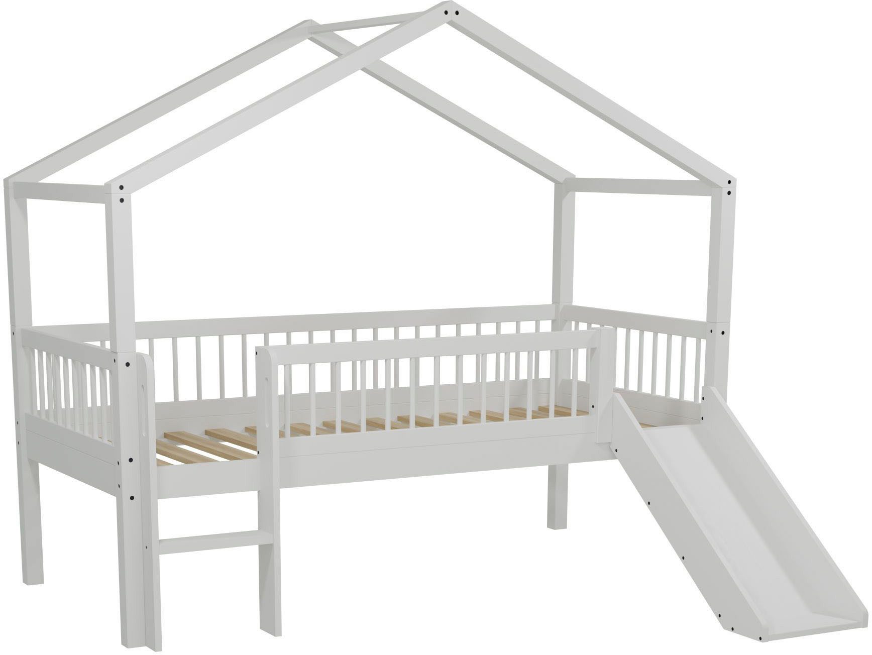 Vipack Hausbett Forrest ist ein hochwertiges Massivholz Haus Bett "Made in Europe" (inkl. Rolllattenrost, Dachaufbau, Absturzschutz, Leiter und Rutsche), wahlweise aus massiver Eiche geölt oder Buche massiv weiß lackiert