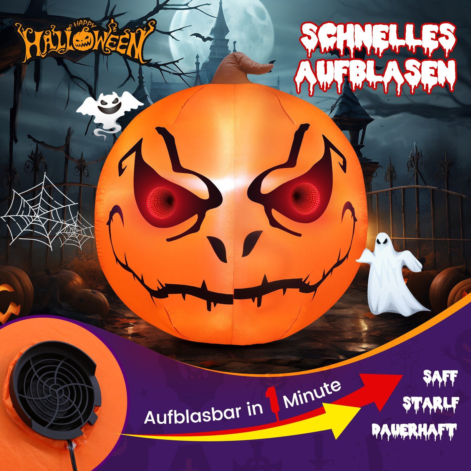 Elegear LED-Dekofigur Weihnachtsdeko, aufblasbarer Weihnachtsmann mit LEDs für Outdoor Innen (1 St), 1,5M Kürbis-Deko, Aufblasbare Halloween-Deko, Kinder-Foto-Requisite
