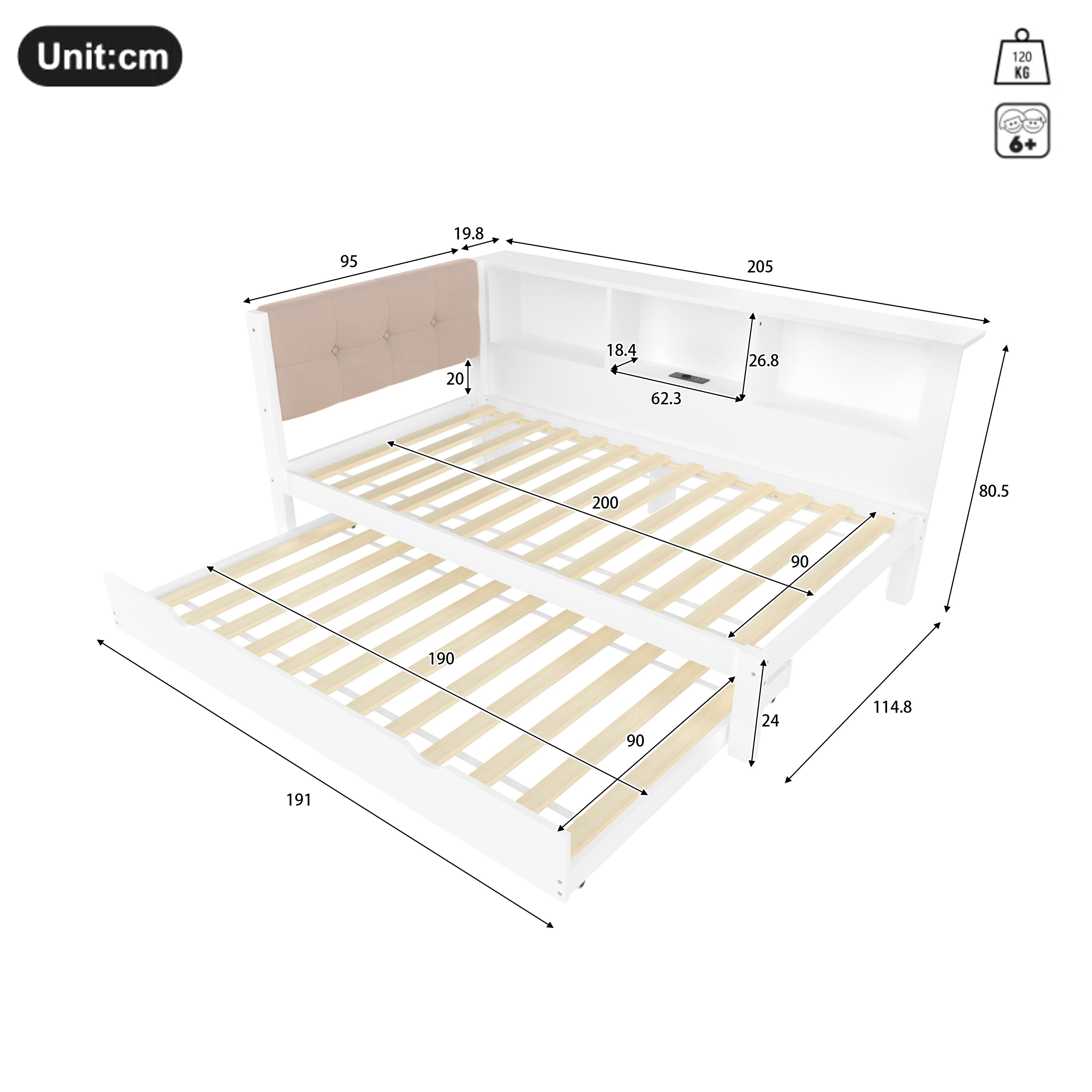 Flieks Daybett, Kinderbett 90x200cm mit Ausziehbett 90x190cm LED-Leiste USB günstig online kaufen