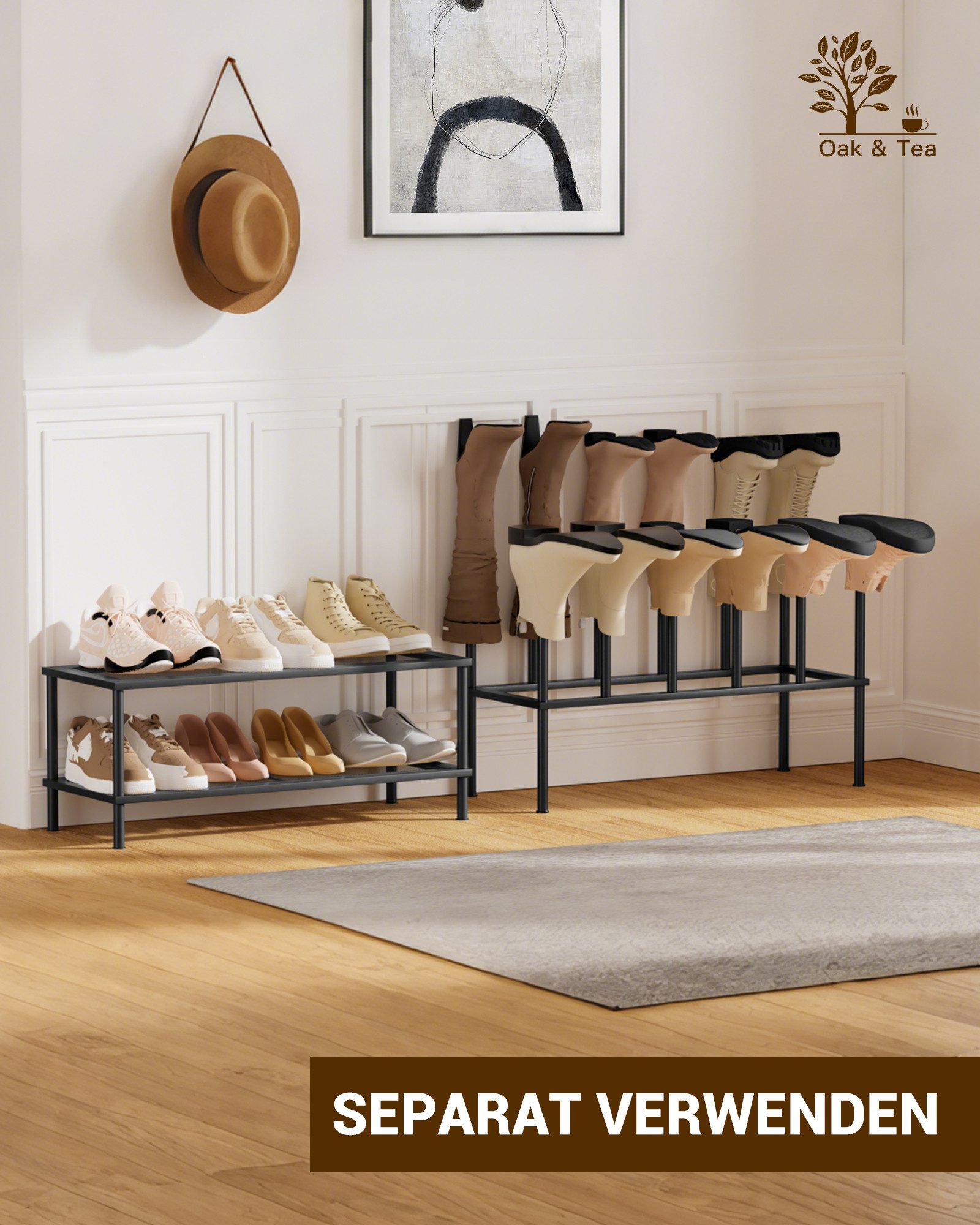 Oak&Tea Schuhregal 2-in-1 Schuh- und Stiefelregal, flexibel kombinierbar, 3 Ebenen, mit Platz für hohe Stiefel, robust, Aufbewahrung