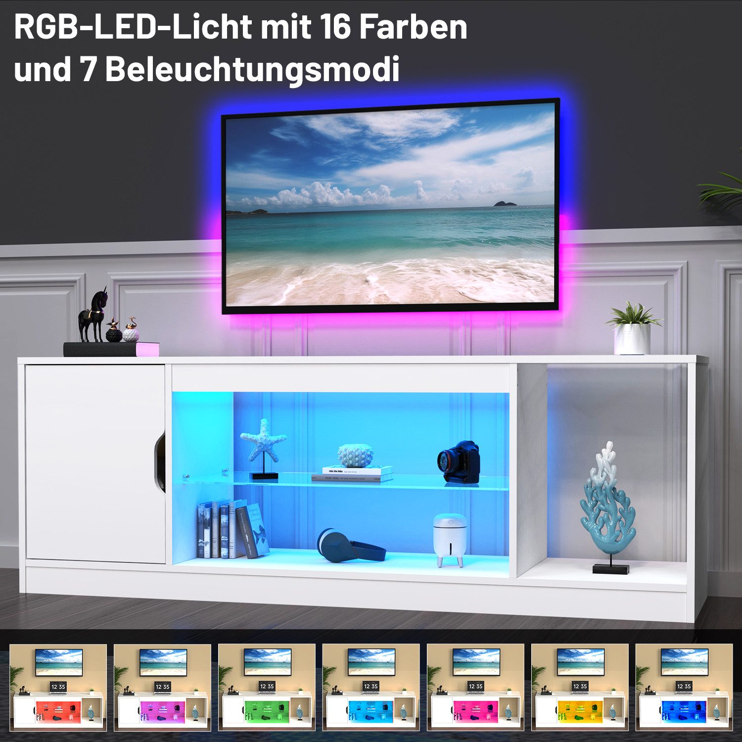oyajia TV-Schrank Fernsehkommode, Lowboard TV Schrank,mit 16 Farben LED Beleuchtung (Lowboard TV Schrank, mit RGB-LED-Leuchten, 1 offenes Regalfach und Glasregal Fächern) TV Board Fernsehschrank 148cm, Fernsehtisch für 65 Zoll & kleinere TVs