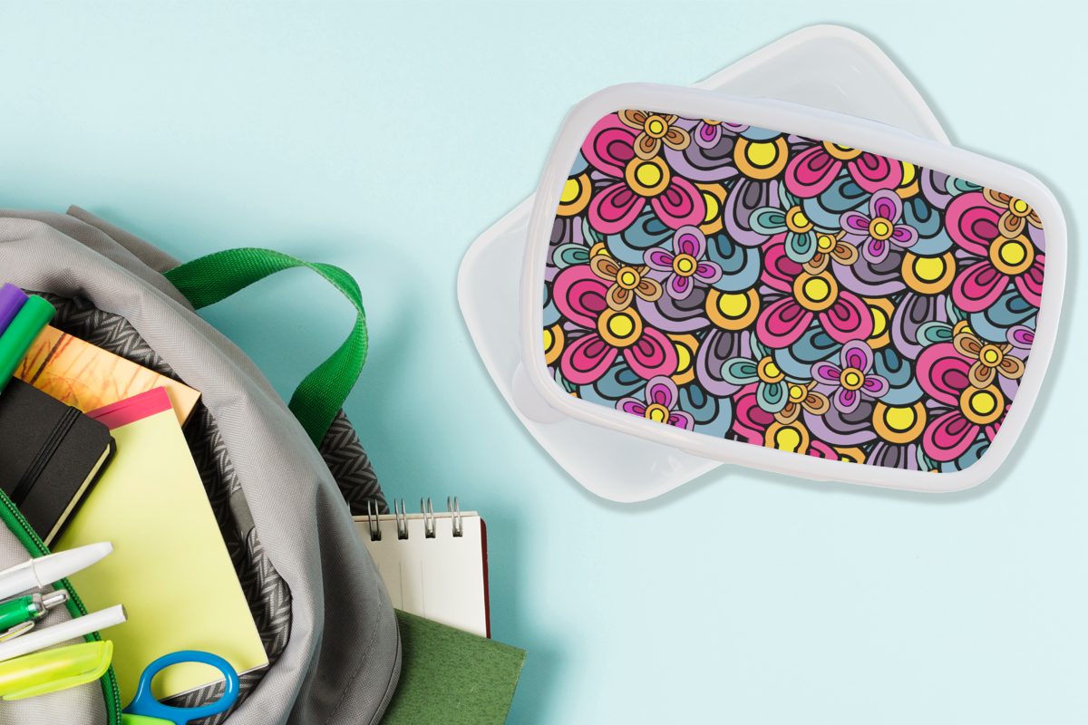 MuchoWow Lunchbox Diagramm Hippie und Kunststoff, Lila, für weiß - (2-tlg), Kinder und Mädchen Jungs - Erwachsene, Brotbox - Blumen Brotdose, für