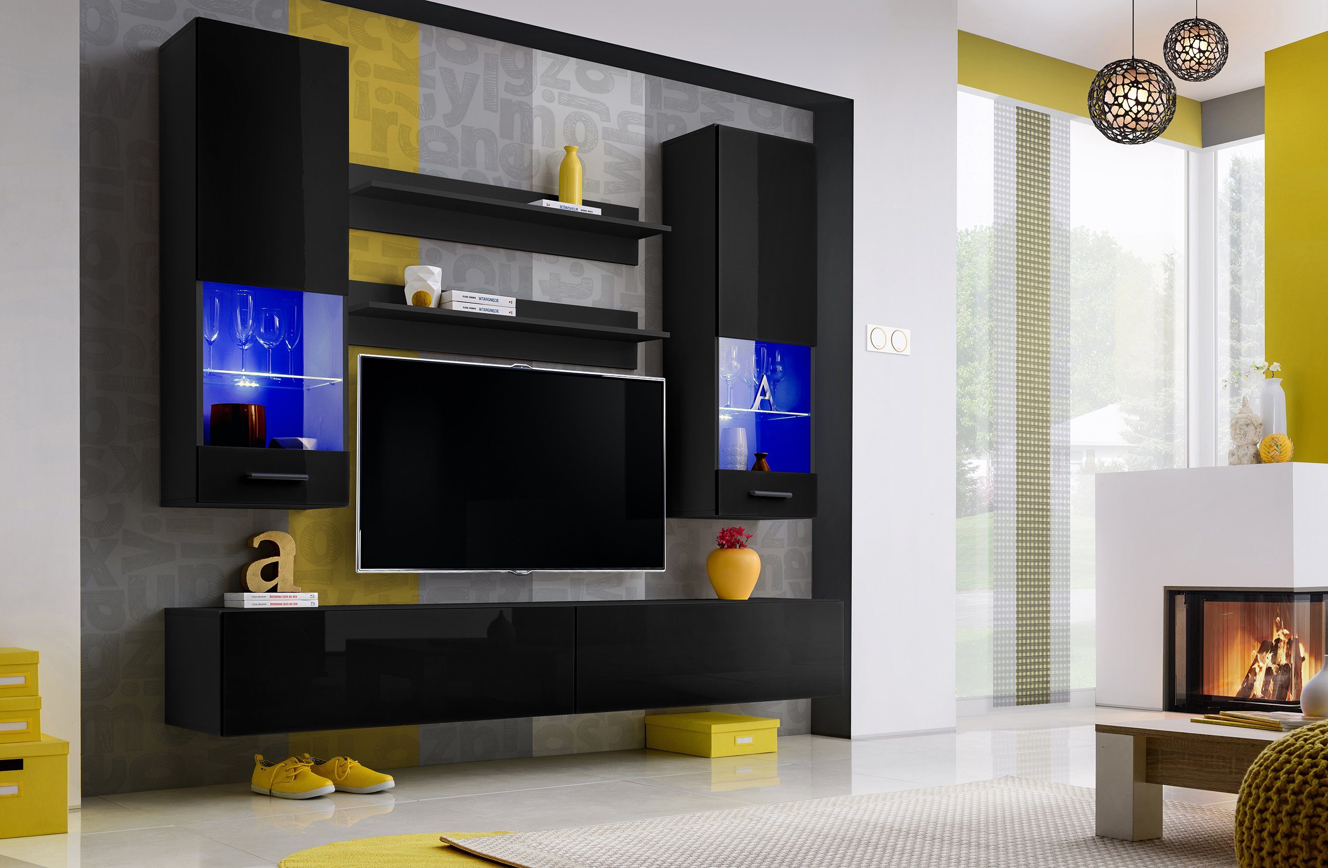 Stylefy Wohnwand Eaton I, (Wohnmöbel, Wohnzimmer-Set, Set (6-St), bestehend aus 2xHängevitrine, 2xLowboard, 2xWandregal, wahlweise mit LED-Beleuchtung, mit Glaseinsatz, variabel hängbar, Modern Design Schwarz - Schwarz Hochglanz