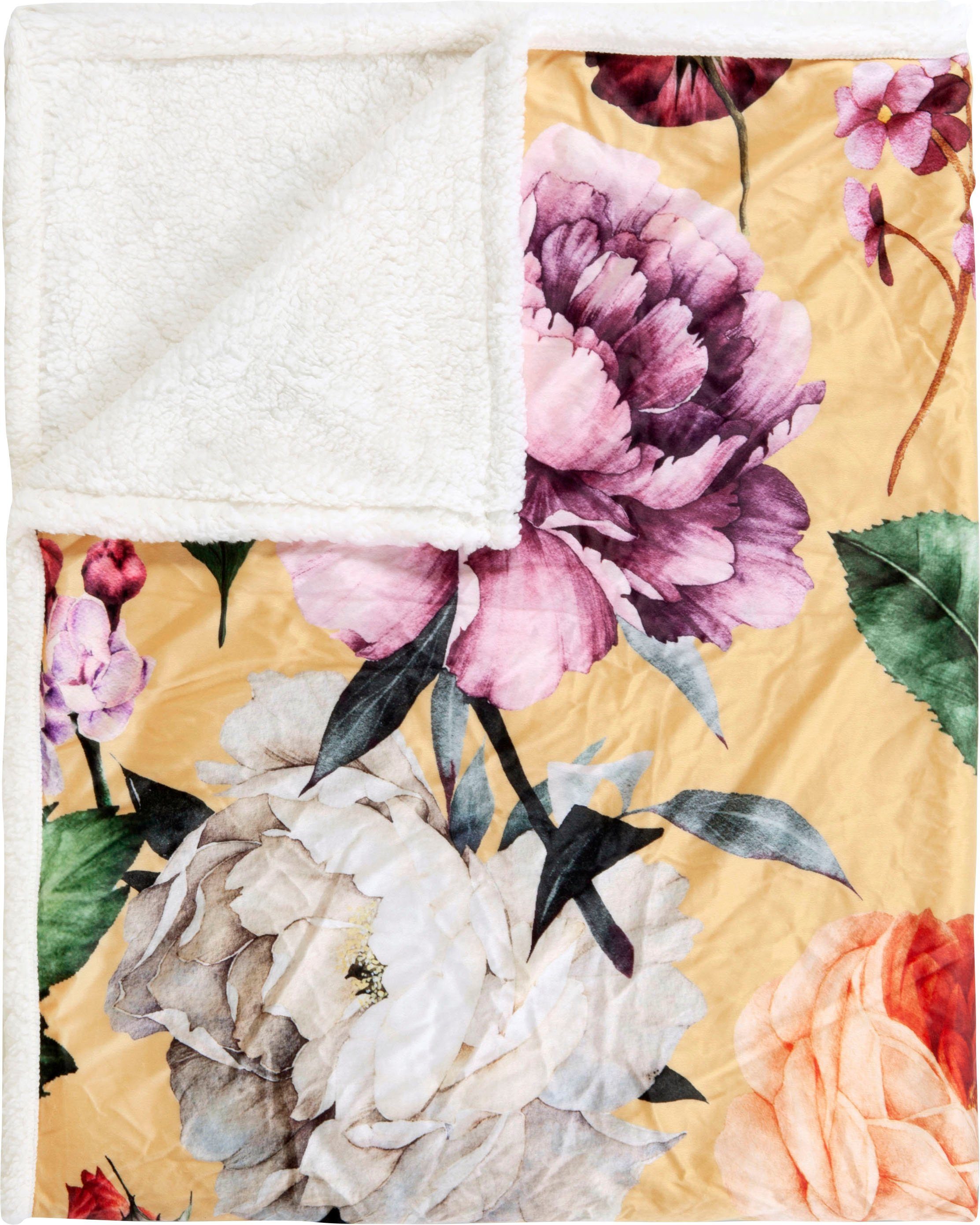 Plaid Fiori, Descanso, Sehr Weich, Kuscheldecke, 130x160 cm, Wendeoptik, Blumen, Sand
