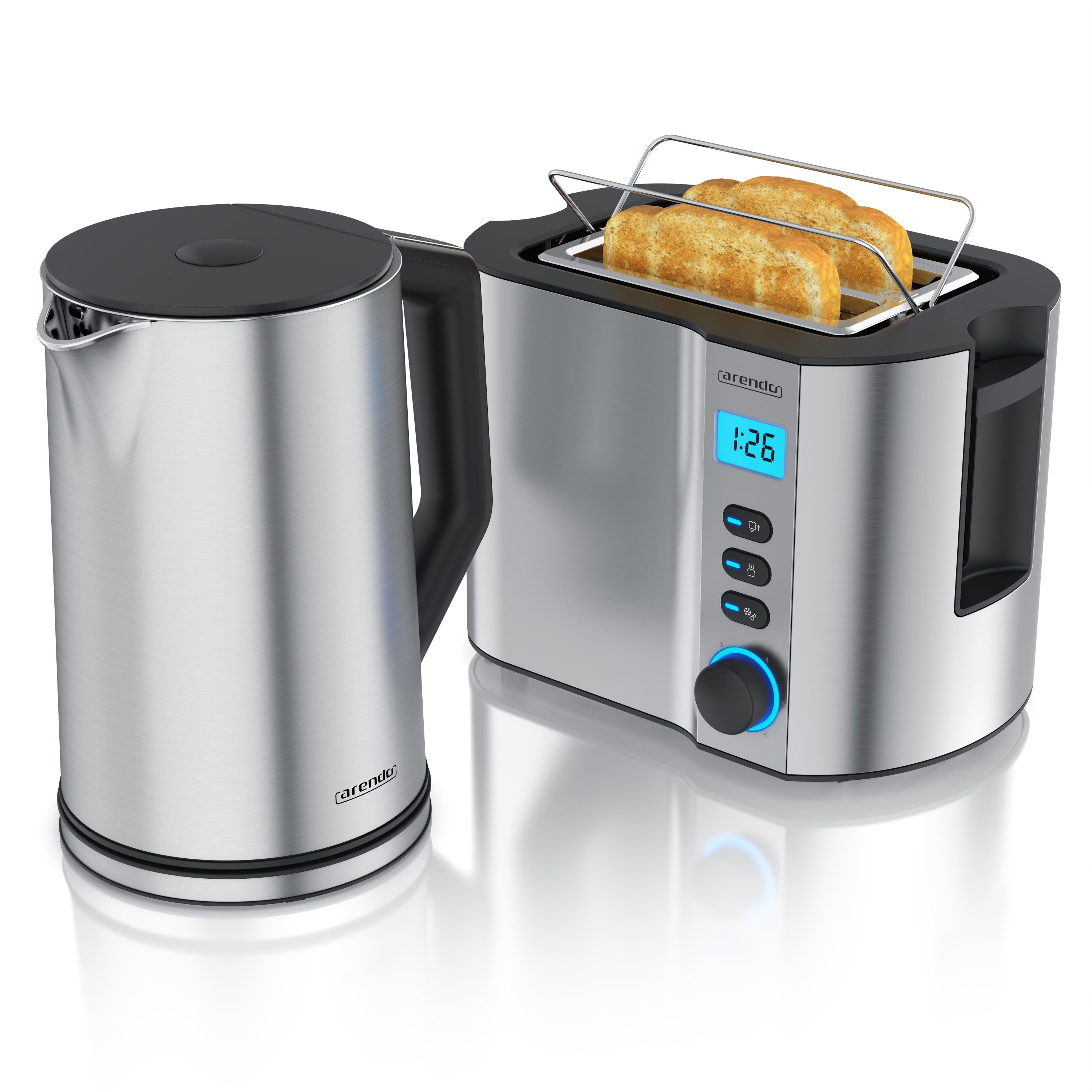 Arendo Frühstücks-Set Edelstahl Wasserkocher 1,5l, 2-Scheiben Kurzschlitz Toaster, silber (2-tlg), Wasserkocher mit Temperatureinstellung 2200W, Toaster Brötchenaufsatz