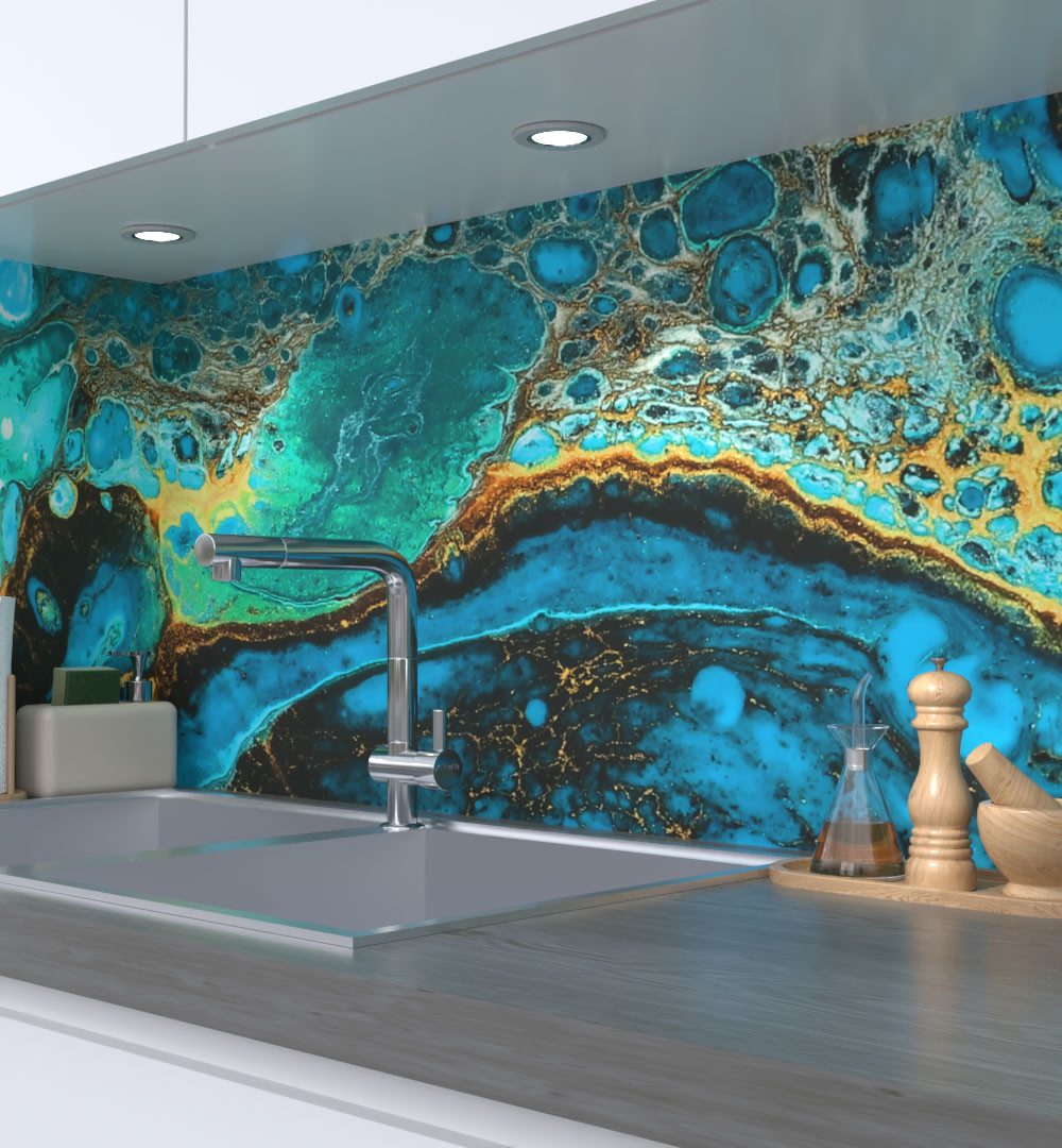 MyMaxxi Küchenrückwand Küchenrückwand selbstklebend Acrylfarbverlauf Spritzschutz Folie, (Klebefolie passend geschnitten und gerollt B 400 cm x H 60 cm), Blaue Ölfarben B 400 cm x H 60 cm