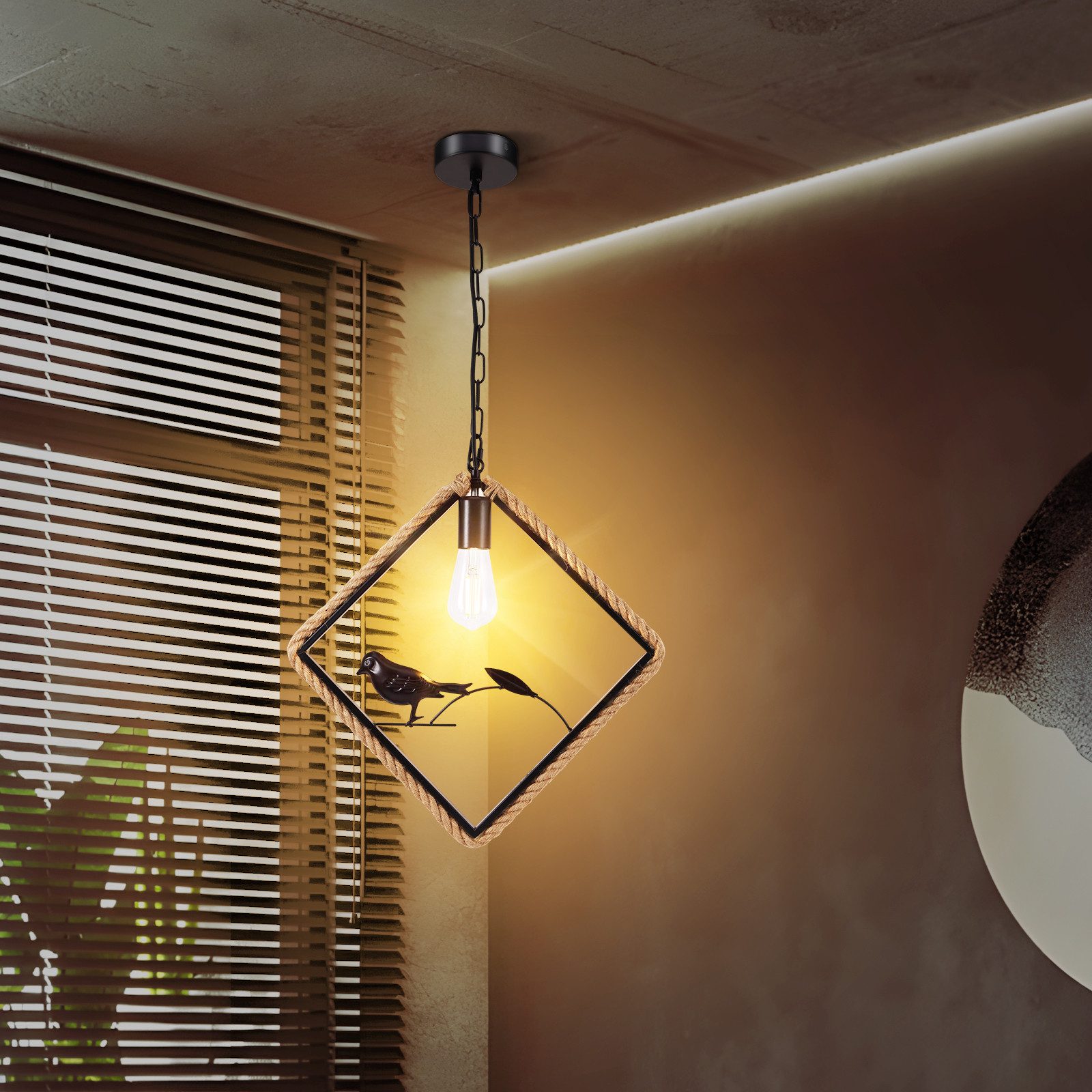 BlingBin Pendelleuchte Retro Hanfseil Hängelampen, Vogelmuster günstig online kaufen