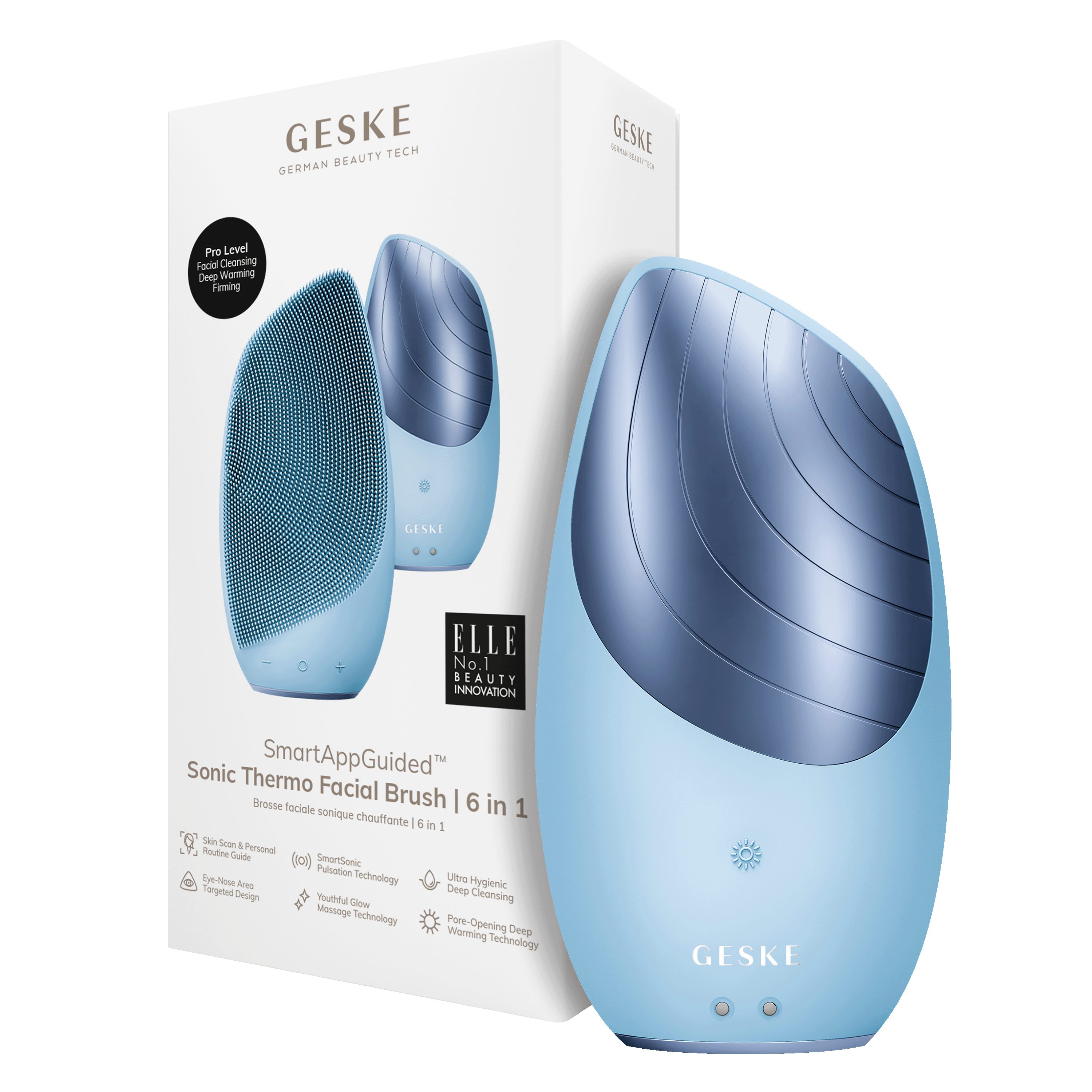 GESKE German Beauty Tech Elektrische Gesichtsreinigungsbürste SmartAppGuided™ Sonic Thermo Facial Brush 6 in 1, Packung (Gerät & USB-Ladekabel), 2-tlg., Gerät inkl. kostenloser APP (SmartAppGuided Device), Anti-Aging Massage-, SmartSonic Pulsation- & Tiefen-Wärme-Technologie Aquamarine