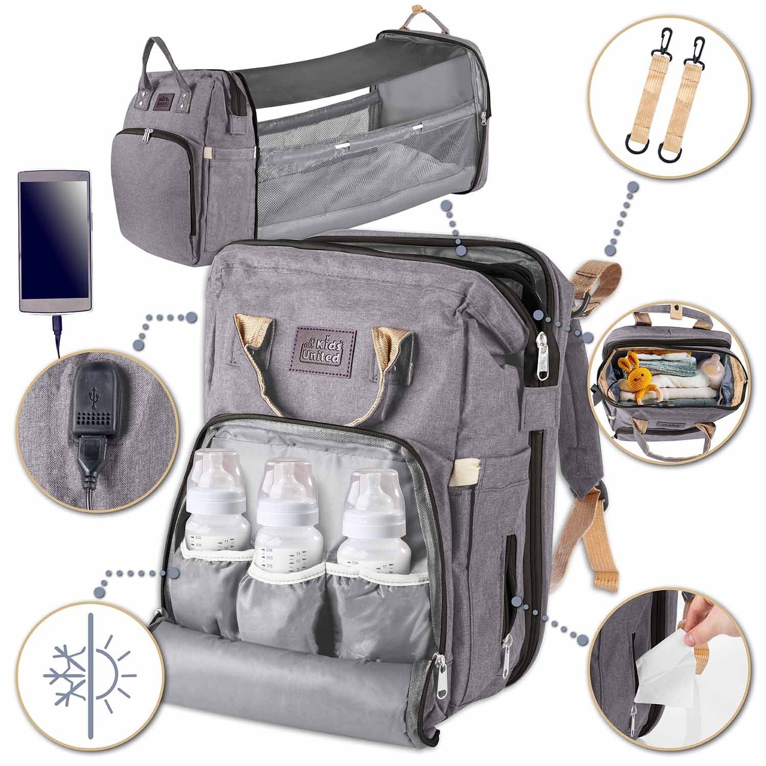 all Kids United Wickelrucksack ALL KIDS UNITED Deluxe Baby Rucksack – 2-in-1 Baby Rucksack mit Bett (Set, Baby-Rucksack, Wickelauflage, integriertem Babybett, Kinderwagen-Haken)