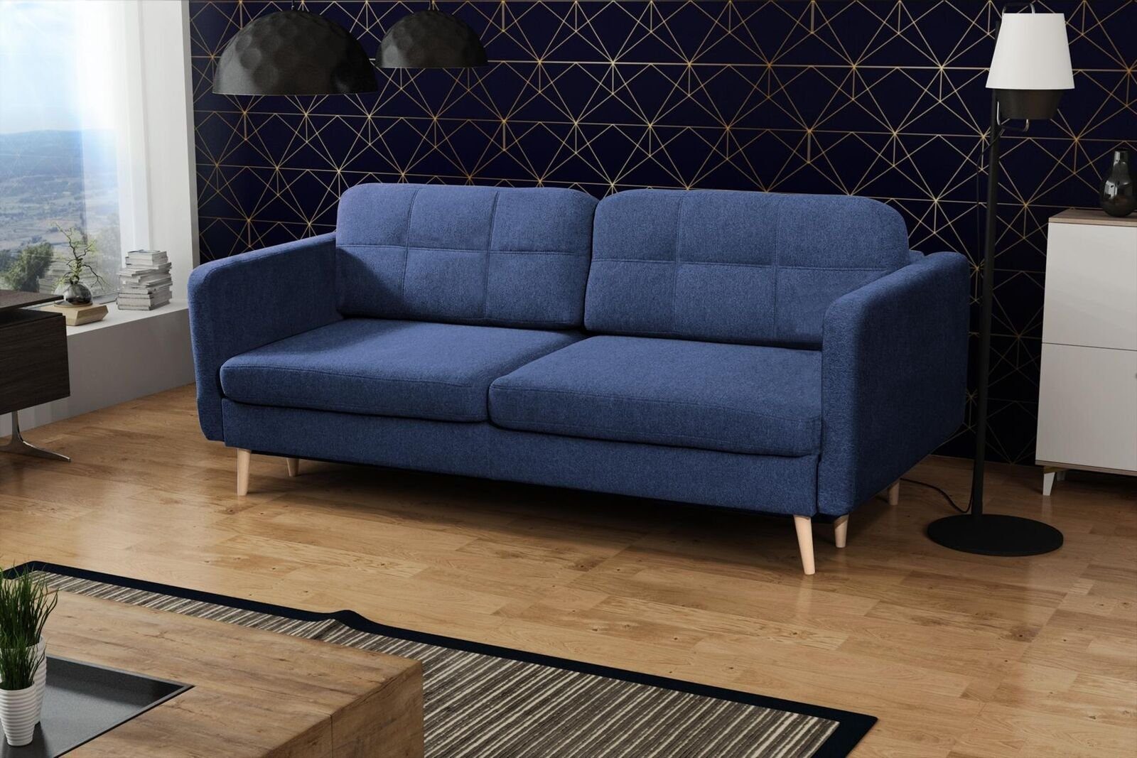 Polster Möbel Designer Schlafsofa Sitzer 3 Blaue JVmoebel Luxus Sofa Textil Sofa,