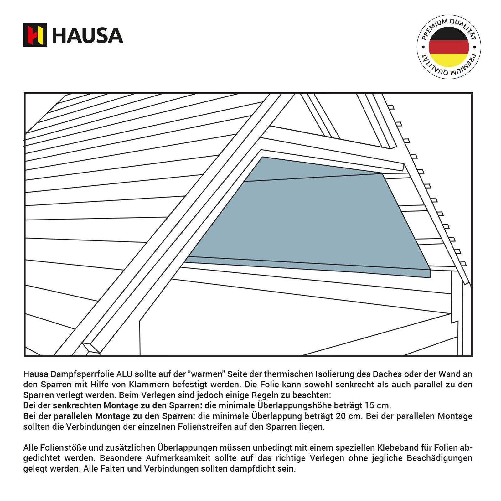 Hausa Dachbahn Dampfsperrfolie ALU, 75 m² pro Paket, (Aluminium Dampfsperrfolie für Dach, Dachgeschoss, Wand, Decke, 1-St., 1,5m x 50m), extra reißfeste Folie z – Bild 5 von 5