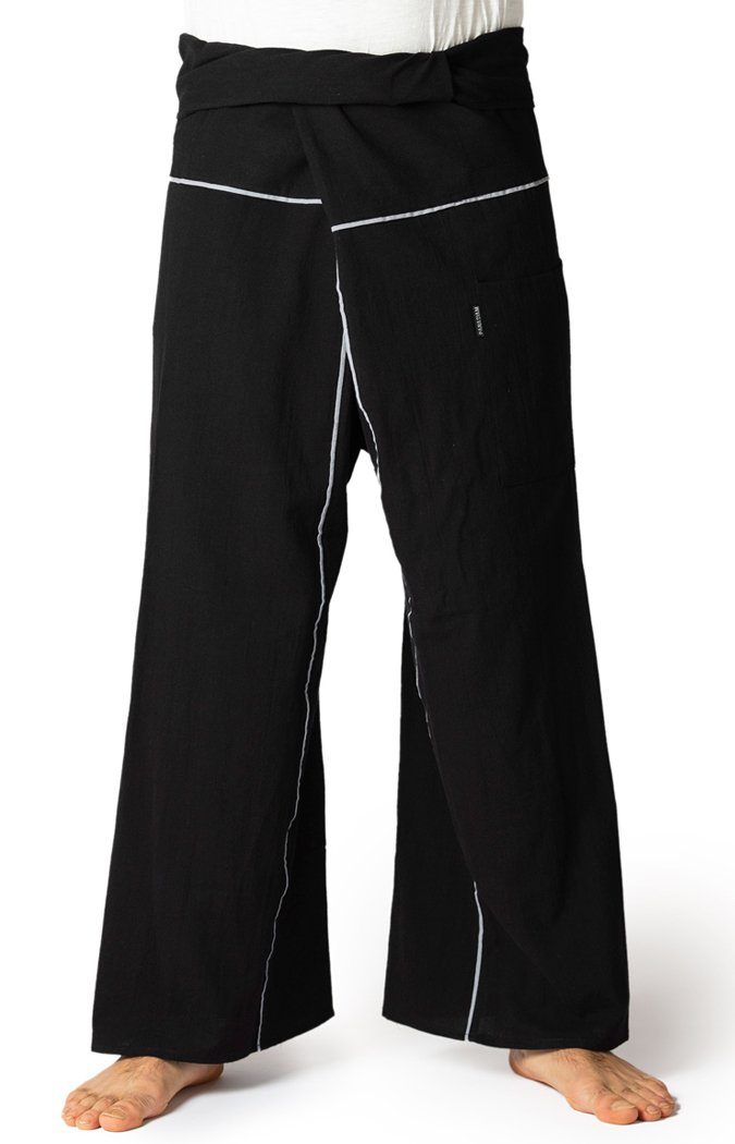 PANASIAM Wellnesshose Thai Fischerhose aus Baumwolle - bequeme Unisex Wickelhose - Yogahose für Damen & Herren - Fisherman Pants mit farbigem Streifen in 2 Größen