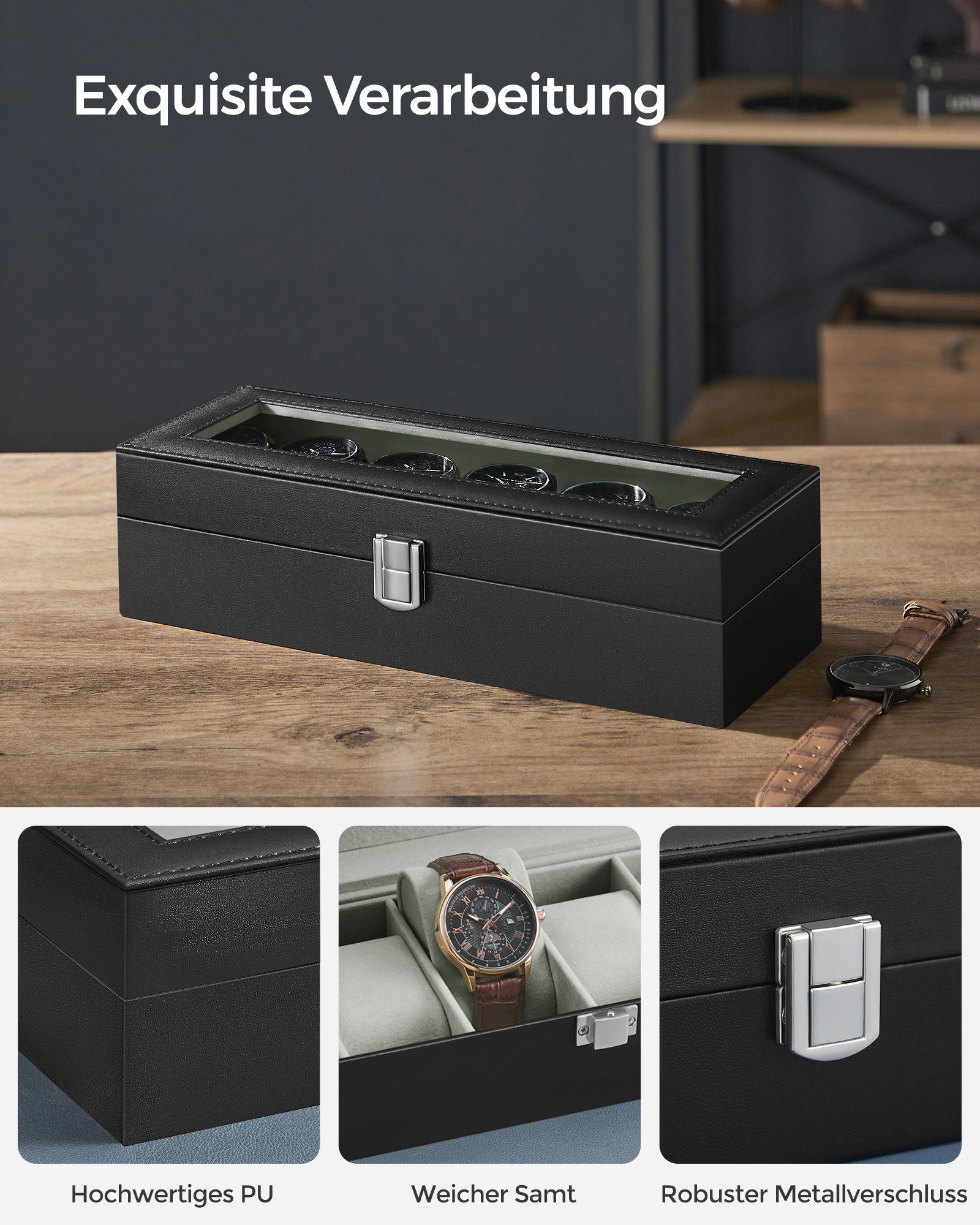 SONGMICS Uhrenbox 6 Fächern, Uhrenkasten, herausnehmbare Uhrenkissen, 11,2 x 30 x 8 cm, Glasdeckel, Geschenkidee, PU-Bezug in Schwarz, Samtfutter in Grau