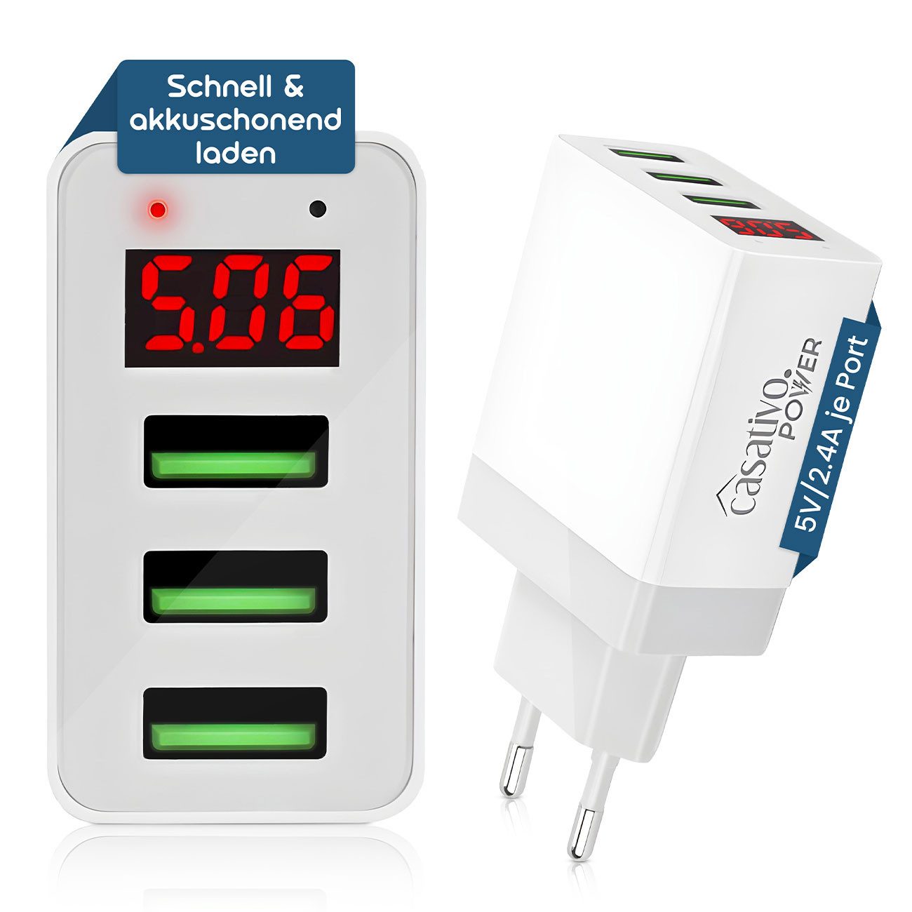 Casativo Multi-Port USB Ladegerät 3 USB-A Ports LED-Display 5V/2.4A je Port USB-Ladegerät (2-tlg., 2×USB 5V/2,4A, max. 3,1A/15,5W, LED-Display für Spannung & Strom)