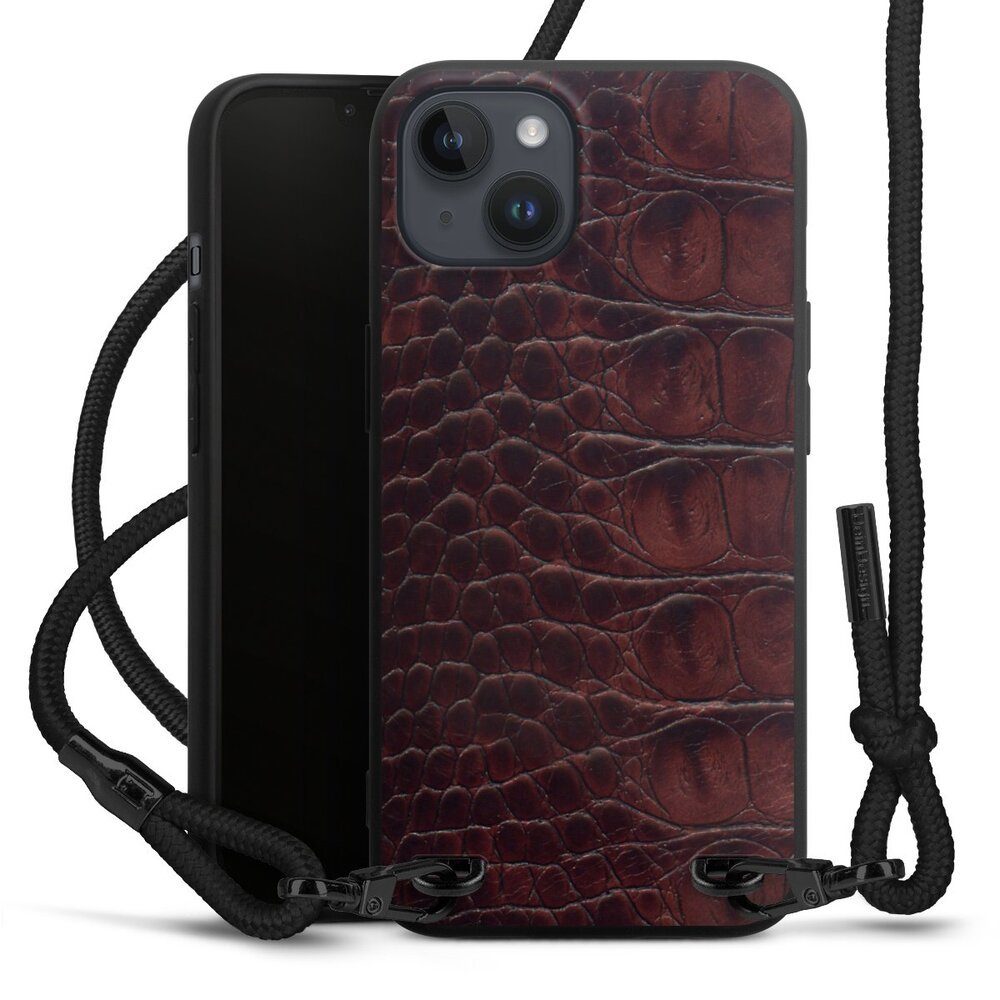 DeinDesign Handyhülle Krokodil Leder Animalprint Croco dark brown, Apple iPhone 14 Plus Premium Handykette Hülle mit Band Cover mit Kette
