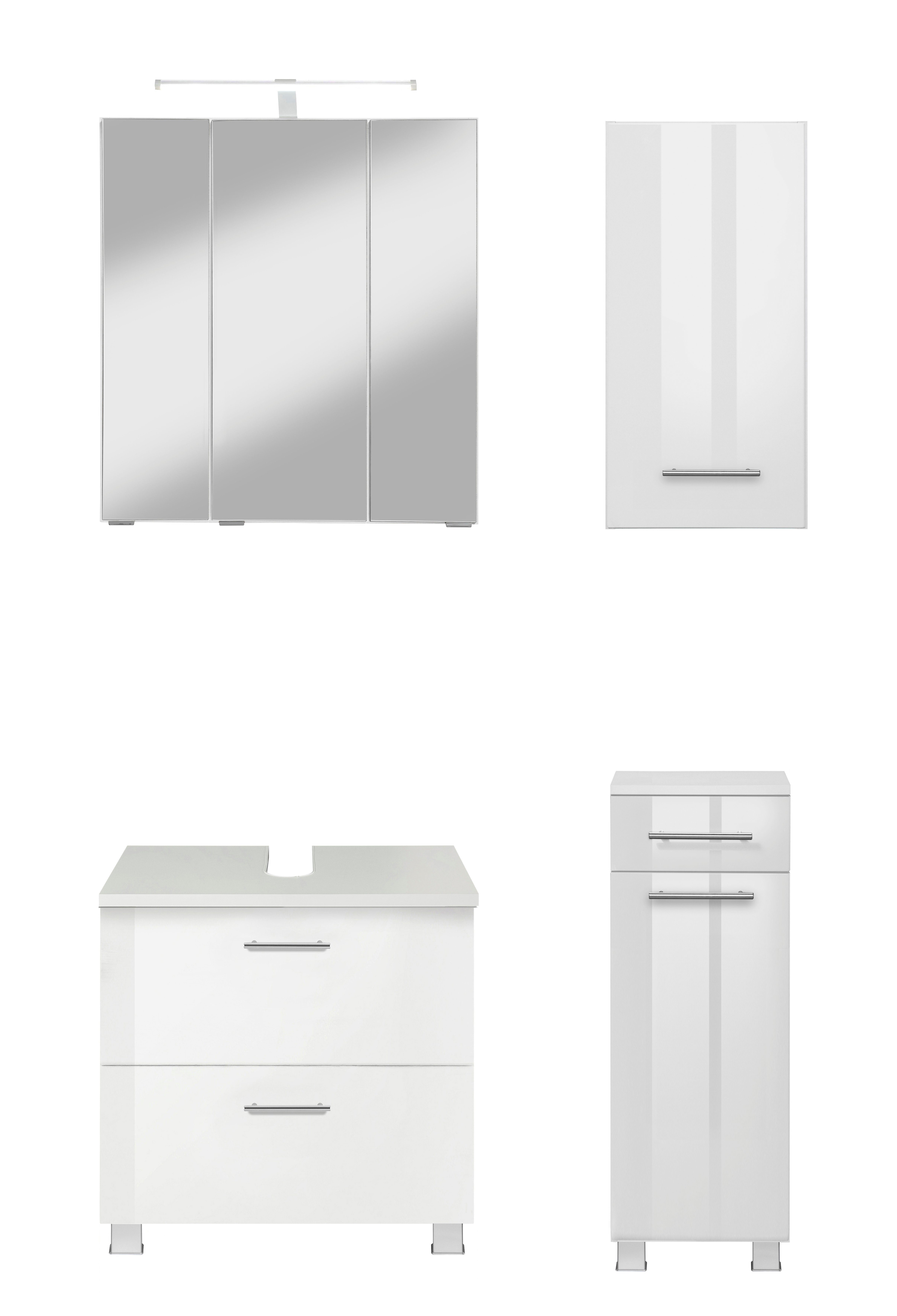 welltime Badmöbel-Set Trento, Badezimmer-Set, Waschbeckenunterschrank, Hängeschrank, (4-St), Unterschrank, Waschbeckenunterschrank, Spiegelschrank, Aufbauleuchte