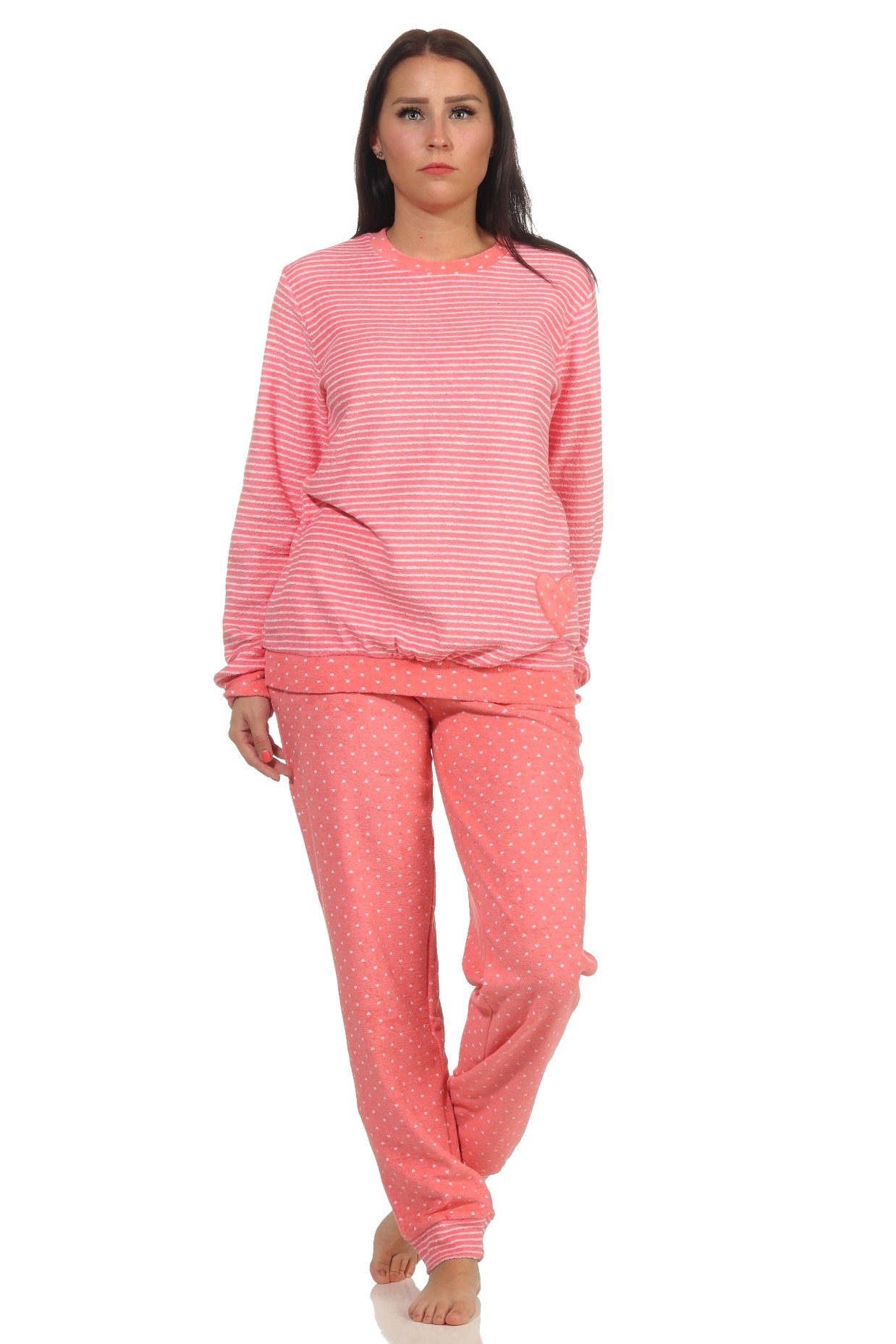 Ringel Normann Herz-Tupfen Bündchen Damen Lachs in Pyjama Frottee Pyjama Streifenoptik mit