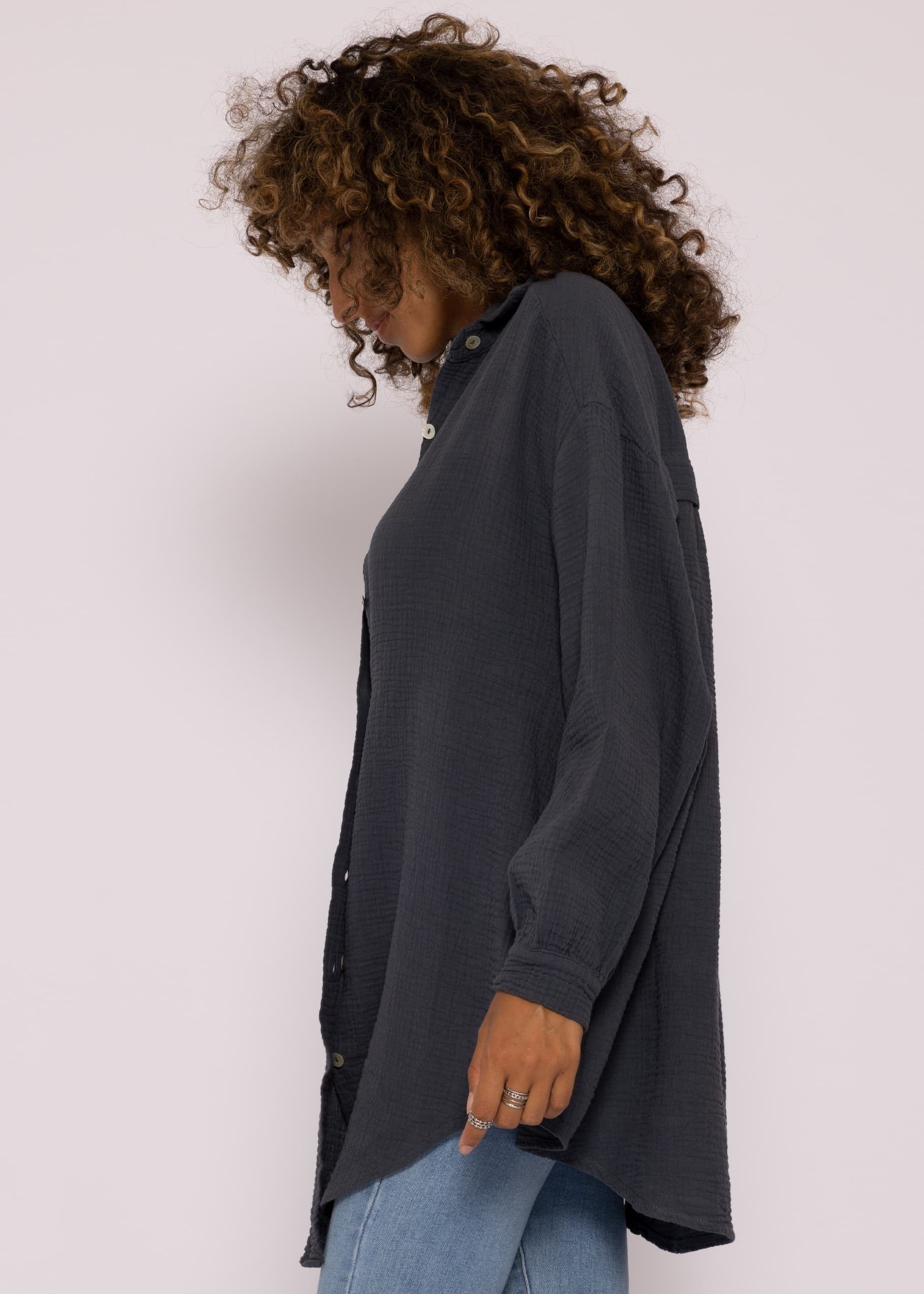 Bluse One Longbluse Baumwolle mit (Gr. 36-48) Dunkelgrau Damen V-Ausschnitt, Langarm lang Musselin Oversize Size aus SASSYCLASSY Hemdbluse