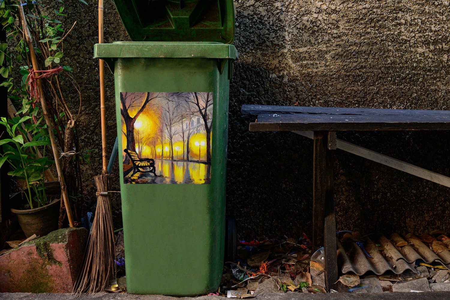 Wandsticker Malerei Mülltonne, Licht Bank St), Mülleimer-aufkleber, - Container, - - (1 Abfalbehälter MuchoWow Wasser - Sticker, Öl