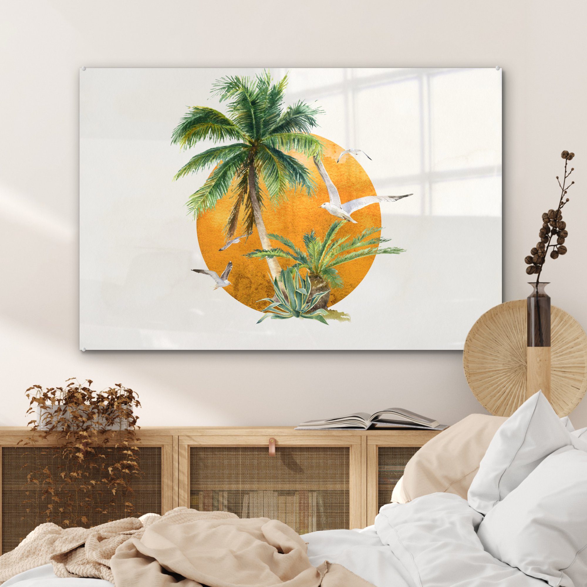 Acrylglasbilder Sonne - Palme Schlafzimmer St), - Wohnzimmer Vogel, Acrylglasbild & MuchoWow (1