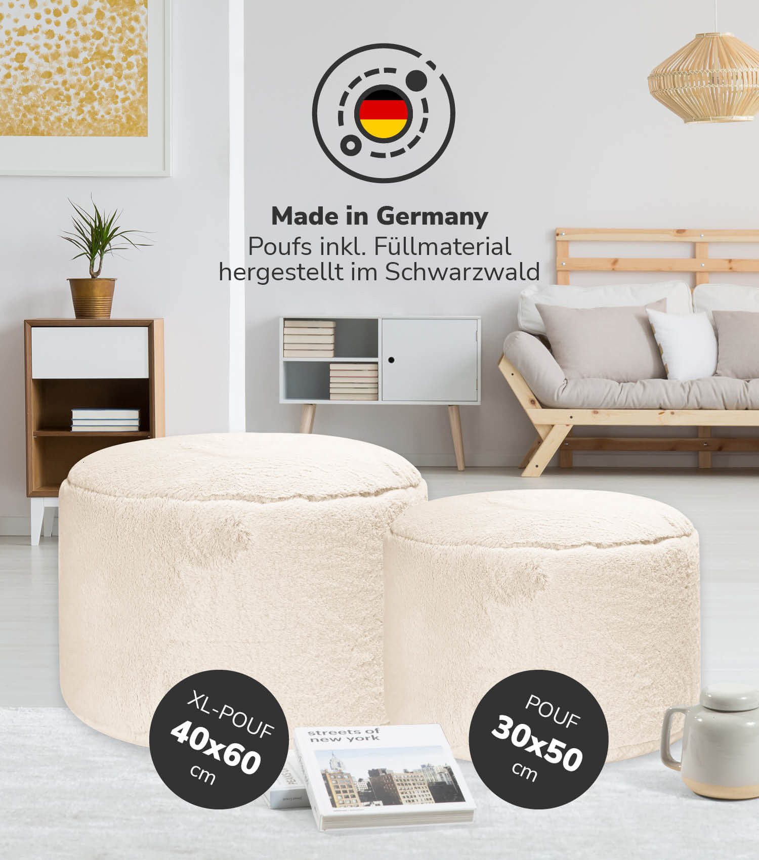 mokebo Pouf Der Flauschige (rund und aus Kunstfell), kuscheliger Sitz-Hocker, Fußhocker oder Hocker in Felloptik in Beige