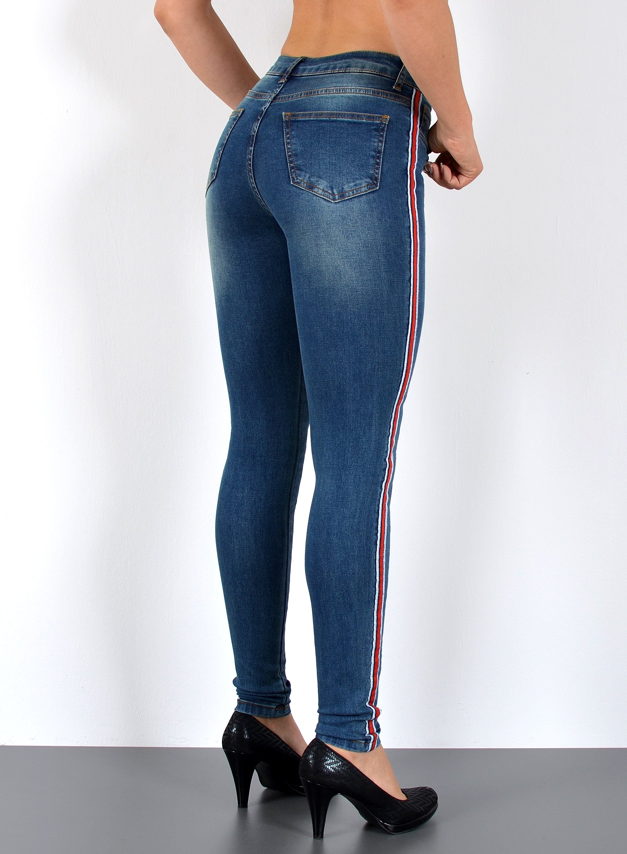 ESRA Skinny-fit-Jeans Damen High Waist Skinny Jeans mit Streifen bis Große Größe J330 Skinny Jeans Damen High Waist mit Seitenstreifen Galonstreifen Hose