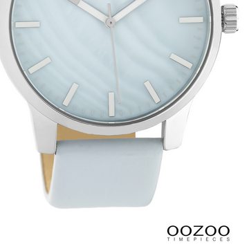 OOZOO Quarzuhr Oozoo Damen Armbanduhr Timepieces Analog, (Analoguhr), Damenuhr rund, groß (ca. 42mm) Lederarmband hellblau