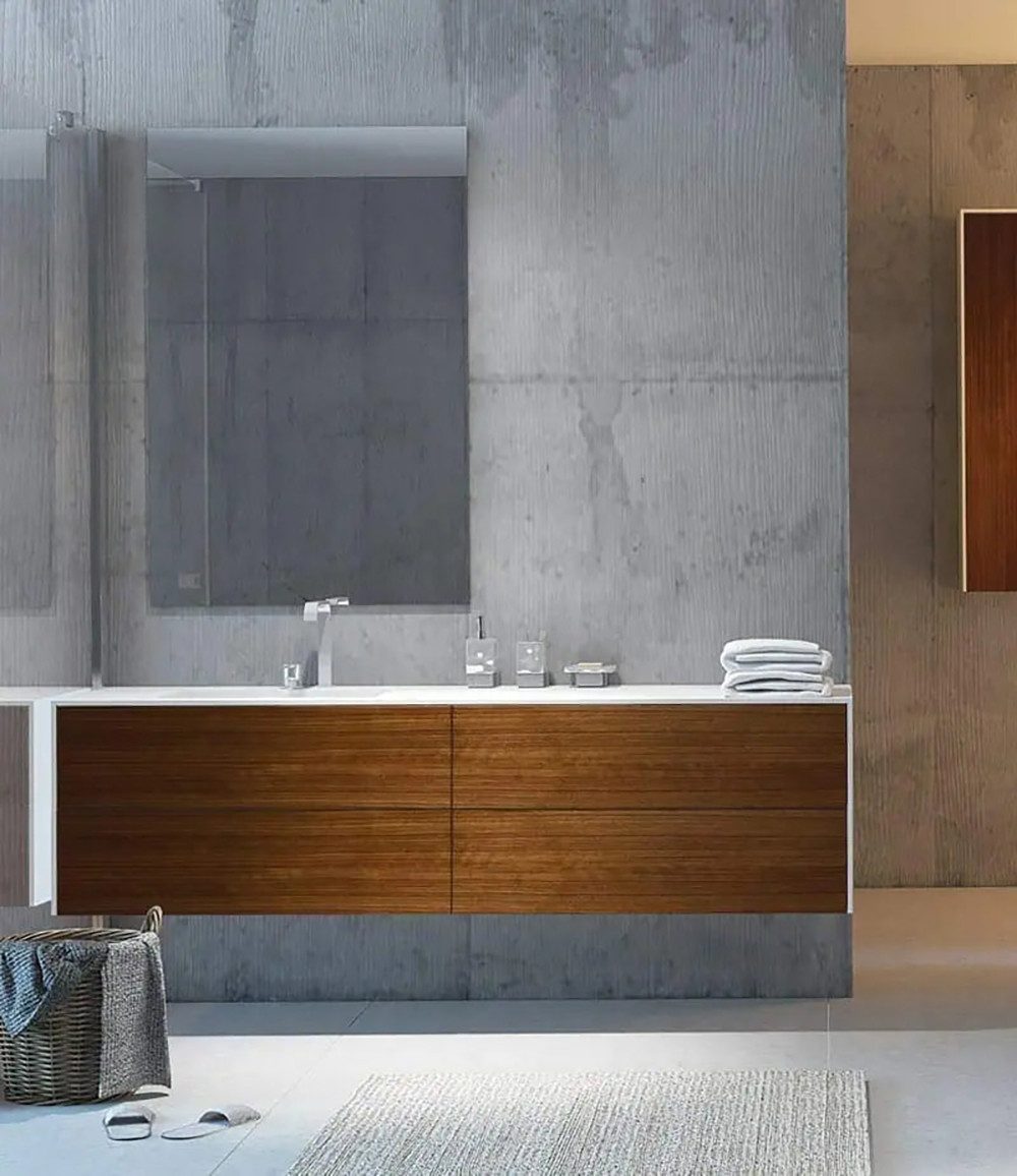 Henneke Waschtisch Corian® WoodOne+ mit Becken links eckig und Unterschrank zweireihig, Fugenlos aus Mineralwerkstoff