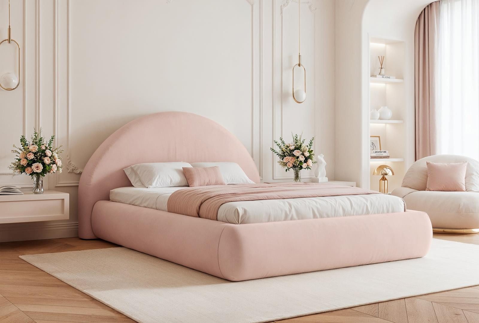 Compleo Polsterbett glamourös, Designerbett mit Bettkasten und Lattenrost, rundes Kopfteil