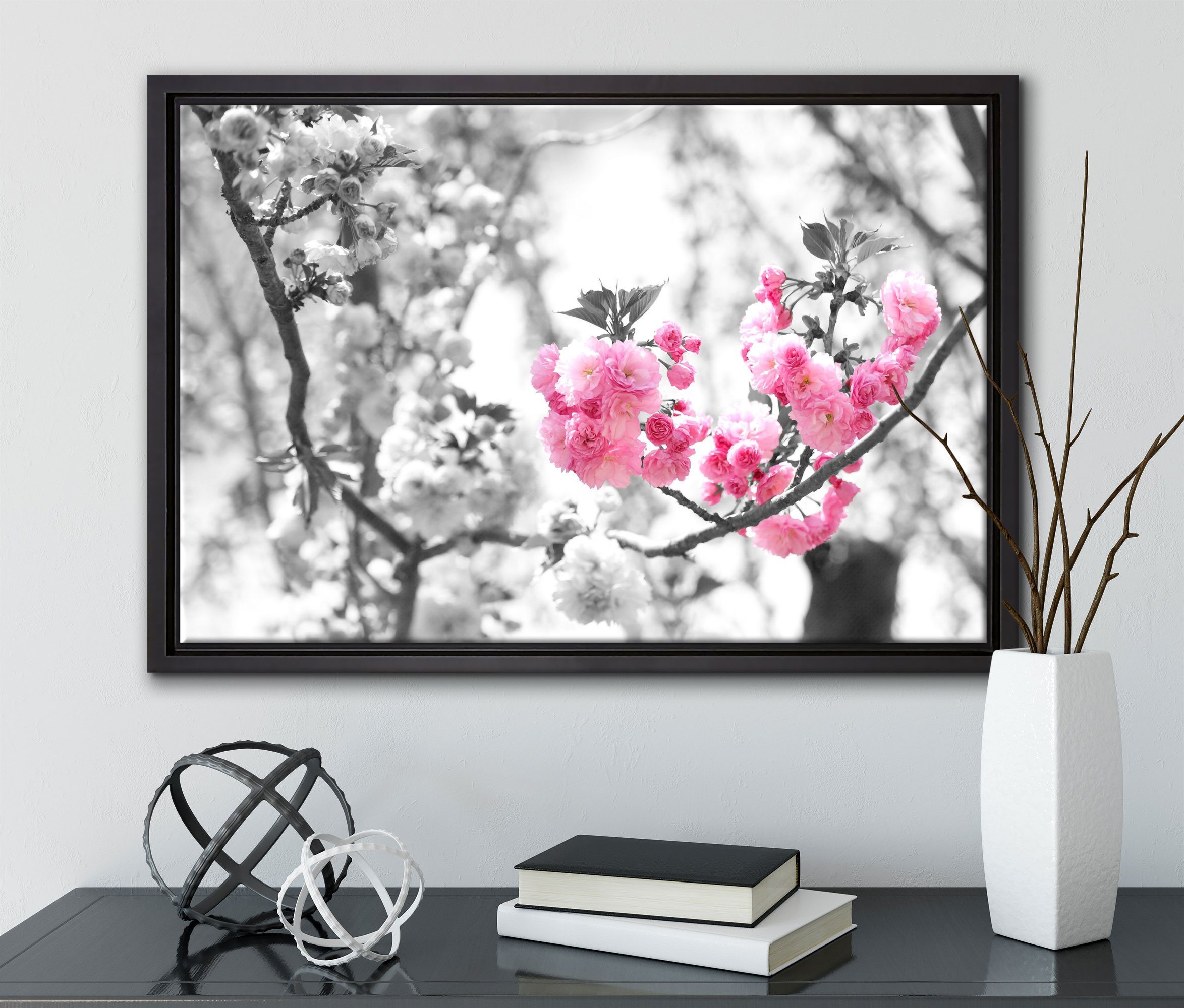 Pixxprint Leinwandbild sehr schöne Kirschblüten, Schattenfugen-Bilderrahmen St), in Leinwandbild Wanddekoration gefasst, bespannt, fertig (1 Zackenaufhänger inkl. einem