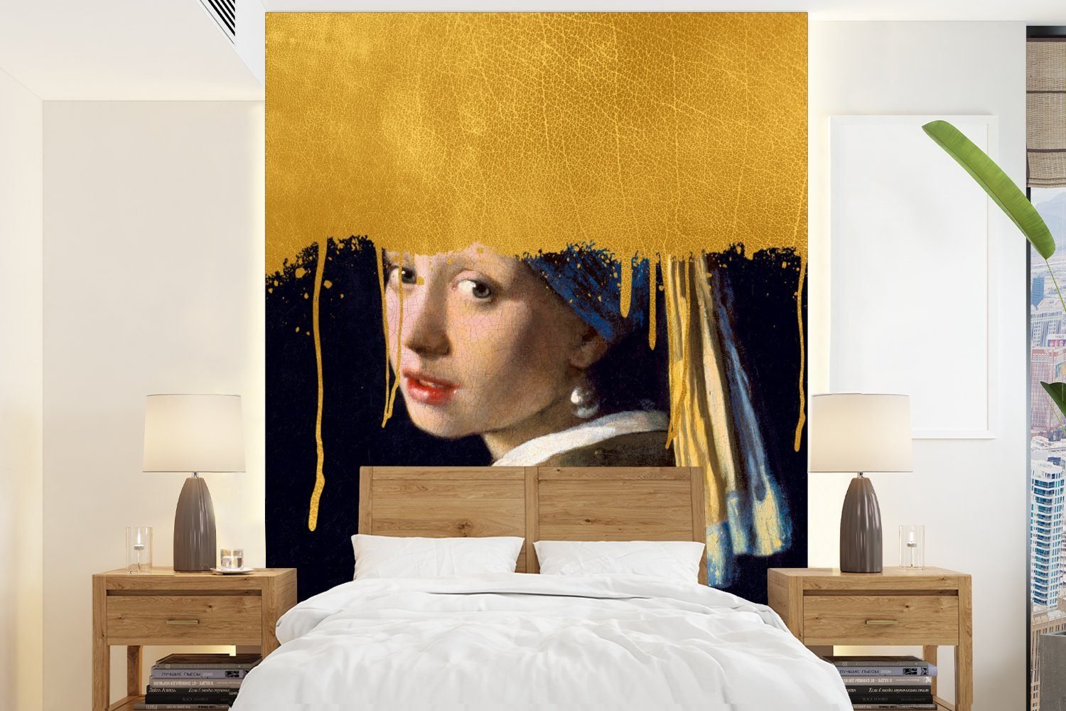 Verfügbarkeit MuchoWow Fototapete Mädchen mit bedruckt, Tapete St), (4 - Vinyl Wohnzimmer, Wandtapete Vermeer, Perlenohrring - einem Montagefertig für Gold Matt