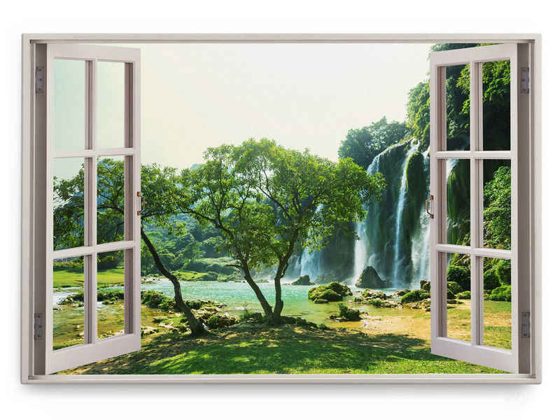 Sinus Art Leinwandbild Wandbild 120x80cm Fensterbild Vietnam Wasserfälle Tropisch Grün Natur, (1 St)