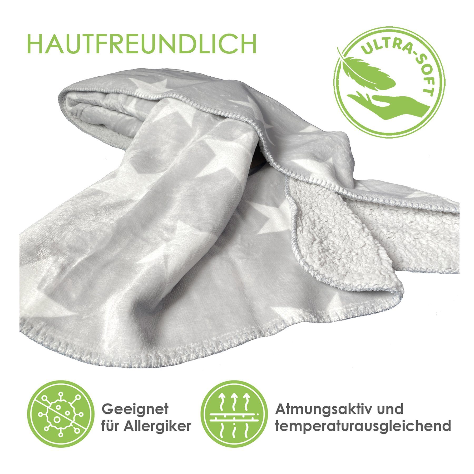 Wohndecke Dicke Soft Flanell Kuscheldecke Sterne Winterdecke, heimtexland, 150x200 I extra dick I warm I Sherpa Fell I kuschelig weich