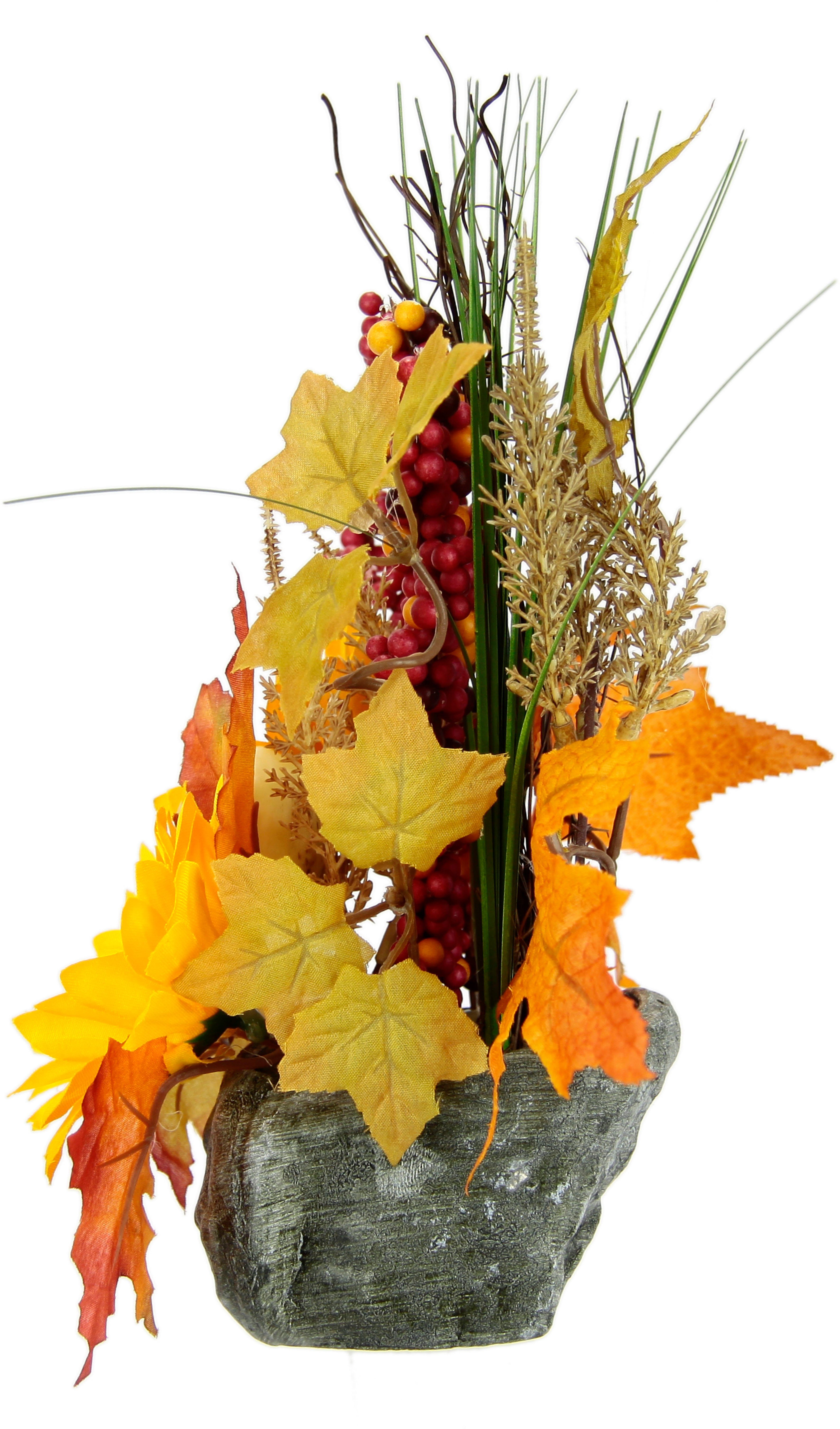 Kunstblume Gesteck aus Sonnenblumen auf Stein, I.GE.A., Höhe 28 cm, Künstliche Blumen Herbstgesteck Deko Ornamente für Halloween