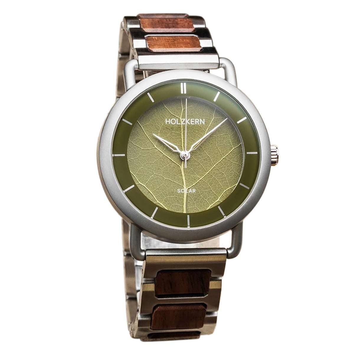 Holzkern Solaruhr 9010631022235, Herrenuhr Solar Lauri Walnuss/Blatt Grün