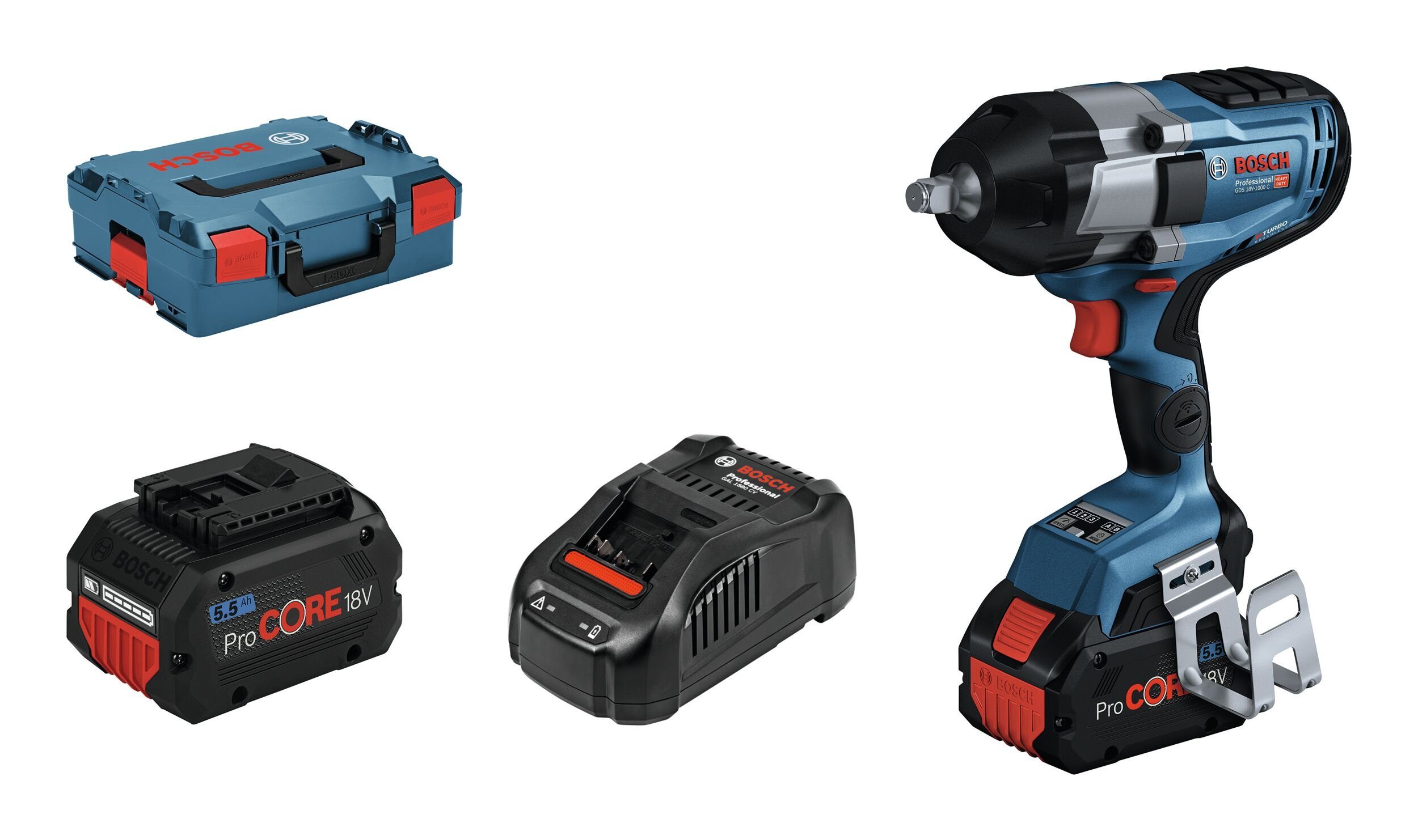 Bosch Professional Akku-Schlagschrauber GDS 18V-1000 C, 1000 Nm, Drehschlagschrauber mit 2x Akku ProCORE 5,5 Ah - in L-BOXX 136