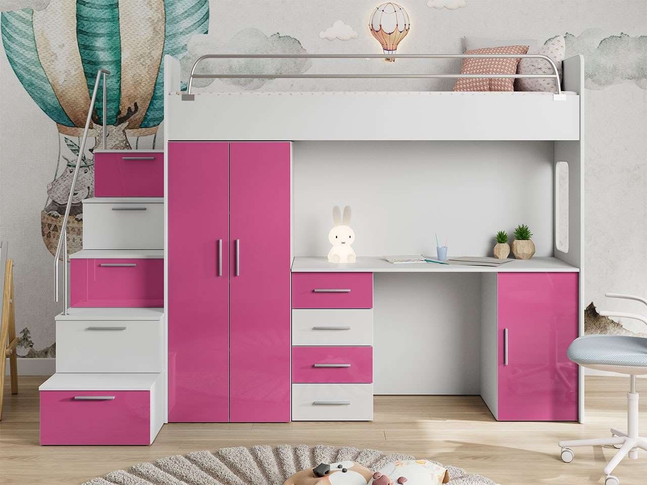 mit Etagenbett, Rosa MKS Schließfächern), mit Jugendbett Jugendmöbelset Schreibtisch MÖBEL Schrank EDEN und Schreibtisch, (Bett, 4S Kleiderschrank, Treppe