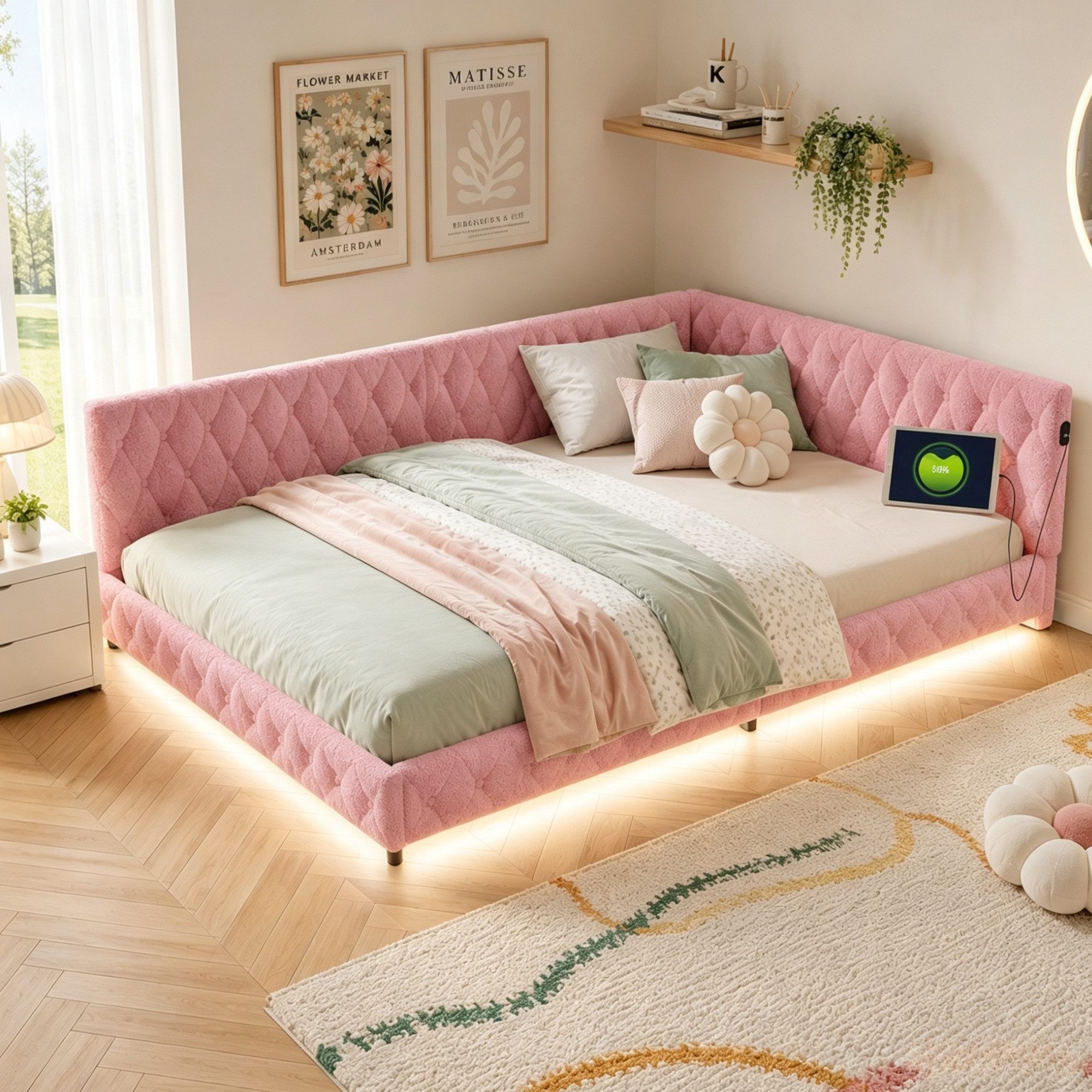 Simurq Polsterbett Daybett mit LED-Beleuchtung & USB, Tagesbett Jugendbett (Packung, 1-tlg., Teddysamt, in 2 Größen verfügbar), Schlafsofa Sofabett Doppelbett