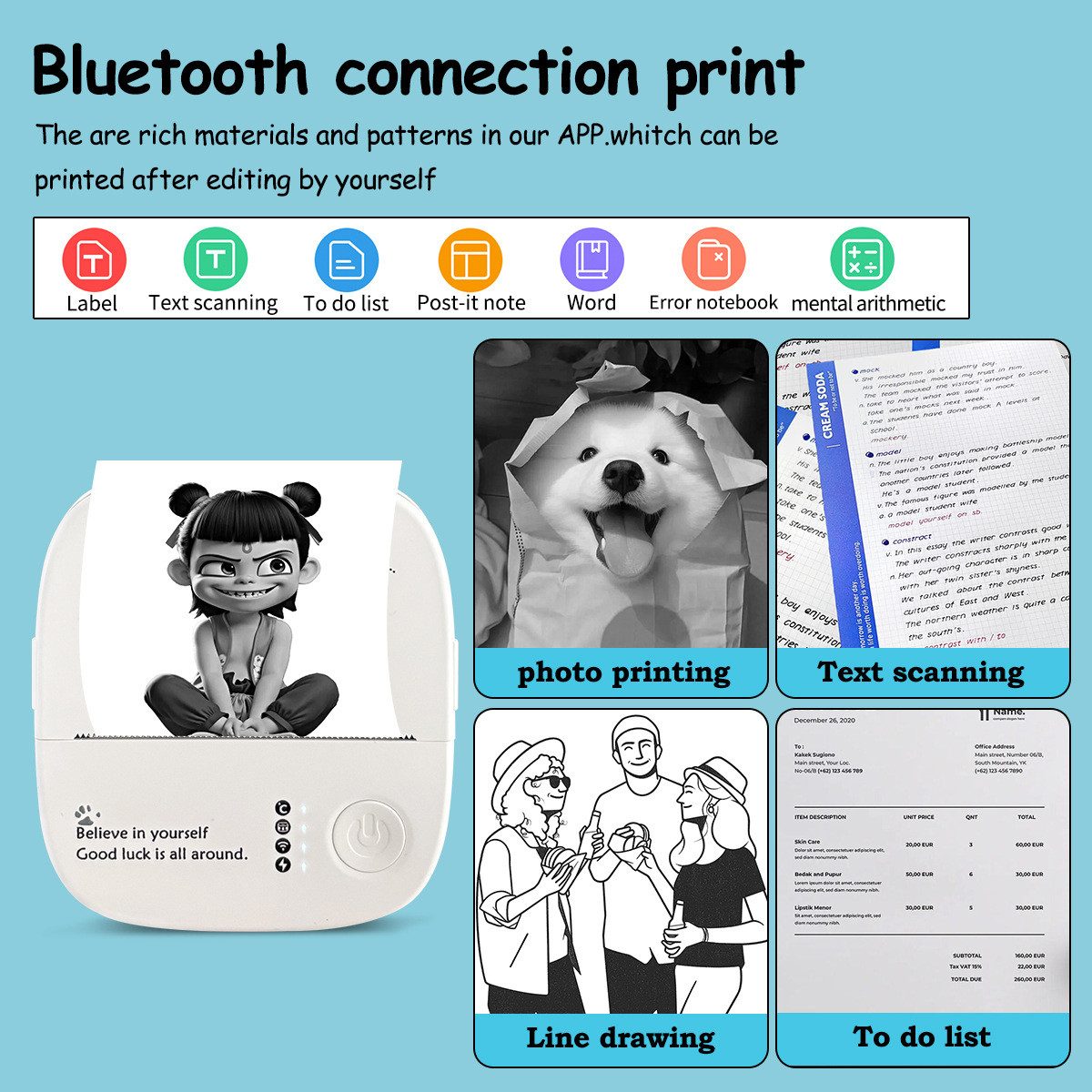 ibettertec Lernspielzeug Thermodrucker,Bluetooth Etikettendrucker,Fotodrucker 14 Rollen Papier (Tragbarer Aufkleber Drucker, für Geschenke, Studiennotizen, Anatomische Diagramme, Fotos), Kinderspielzeug, 14 Rollen Papier und 6 Bunte