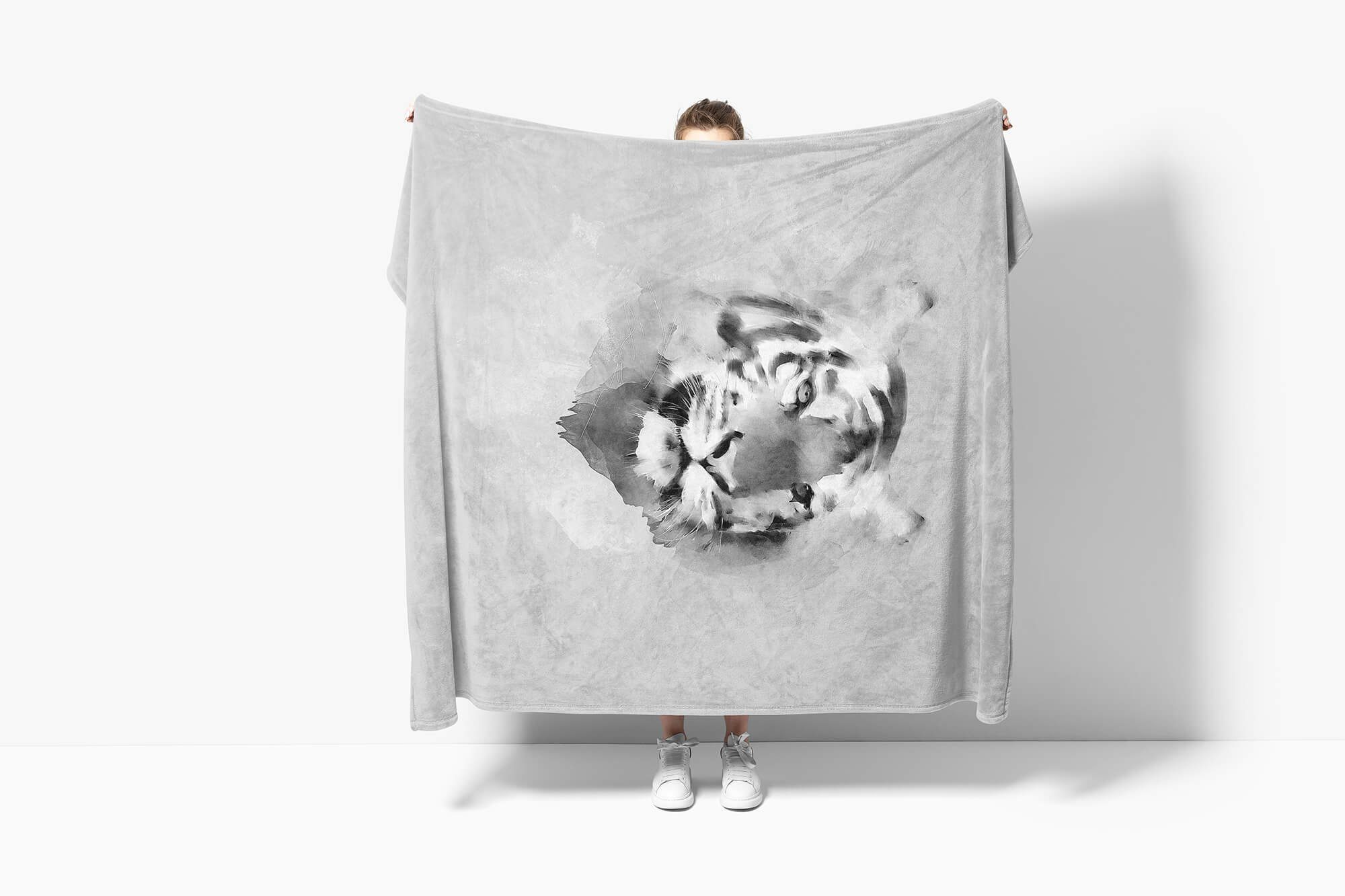 Art Handtuch Sinus Tiger Baumwolle-Polyester-Mix (1-St), Handtuch Motiv, Kuscheldecke Grau Strandhandtuch Handtücher Saunatuch