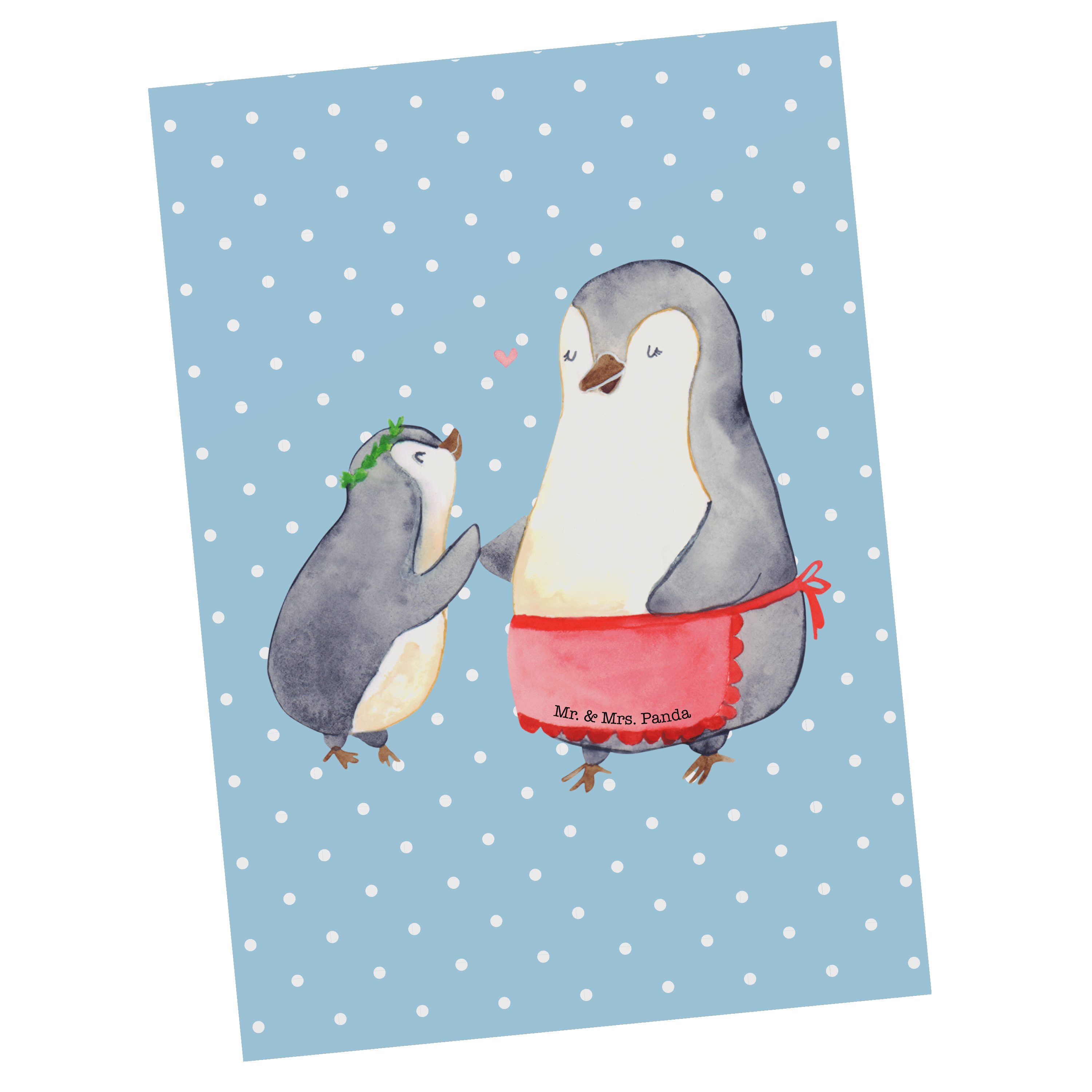 Mr. & Mrs. Panda Postkarte Pinguin mit Kind - Blau Pastell - Geschenk, Oma, Geburtstagskarte, Va